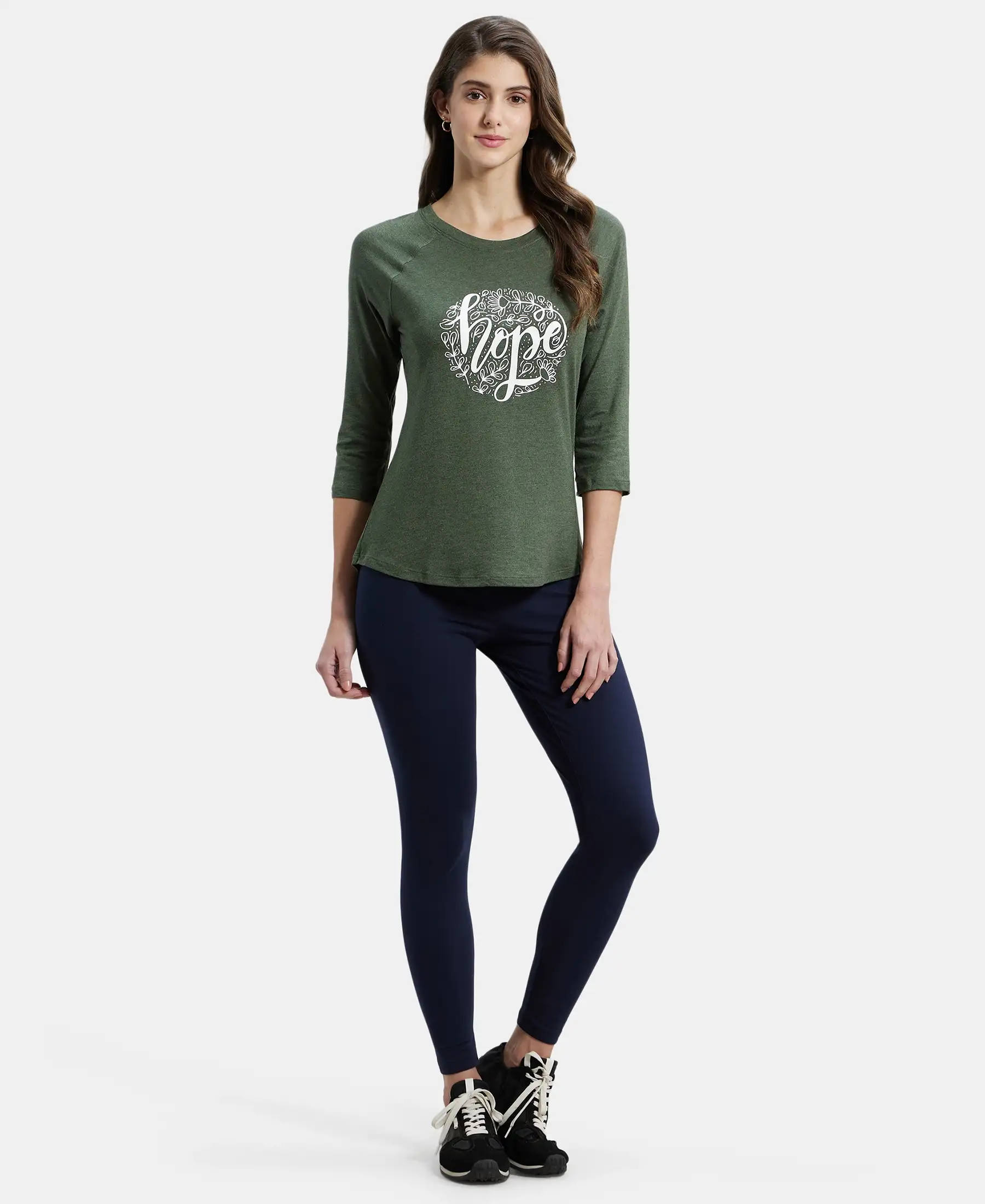 Micro Modal Cotton Relaxed Fit Graphic Printed Round Neck Three Quarter Sleeve T-Shirt - Beetle Melange - Image 4