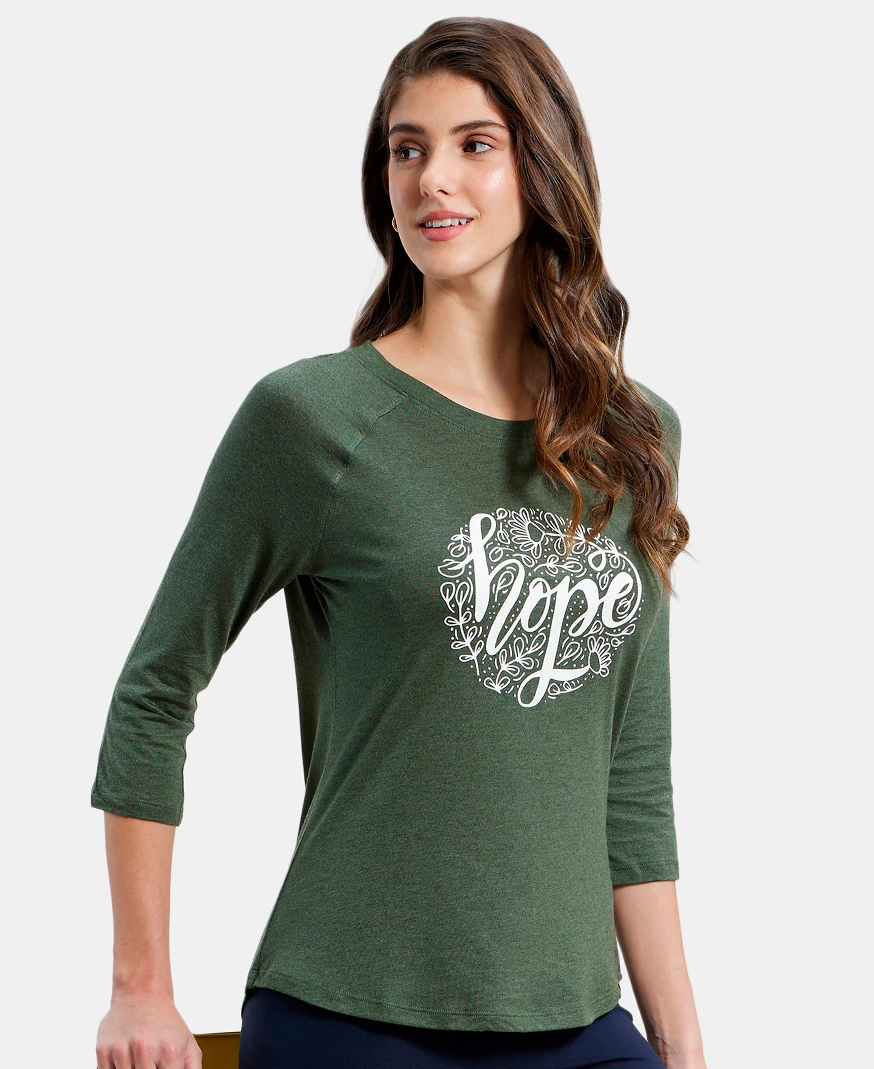 Micro Modal Cotton Relaxed Fit Graphic Printed Round Neck Three Quarter Sleeve T-Shirt - Beetle Melange - Image 5