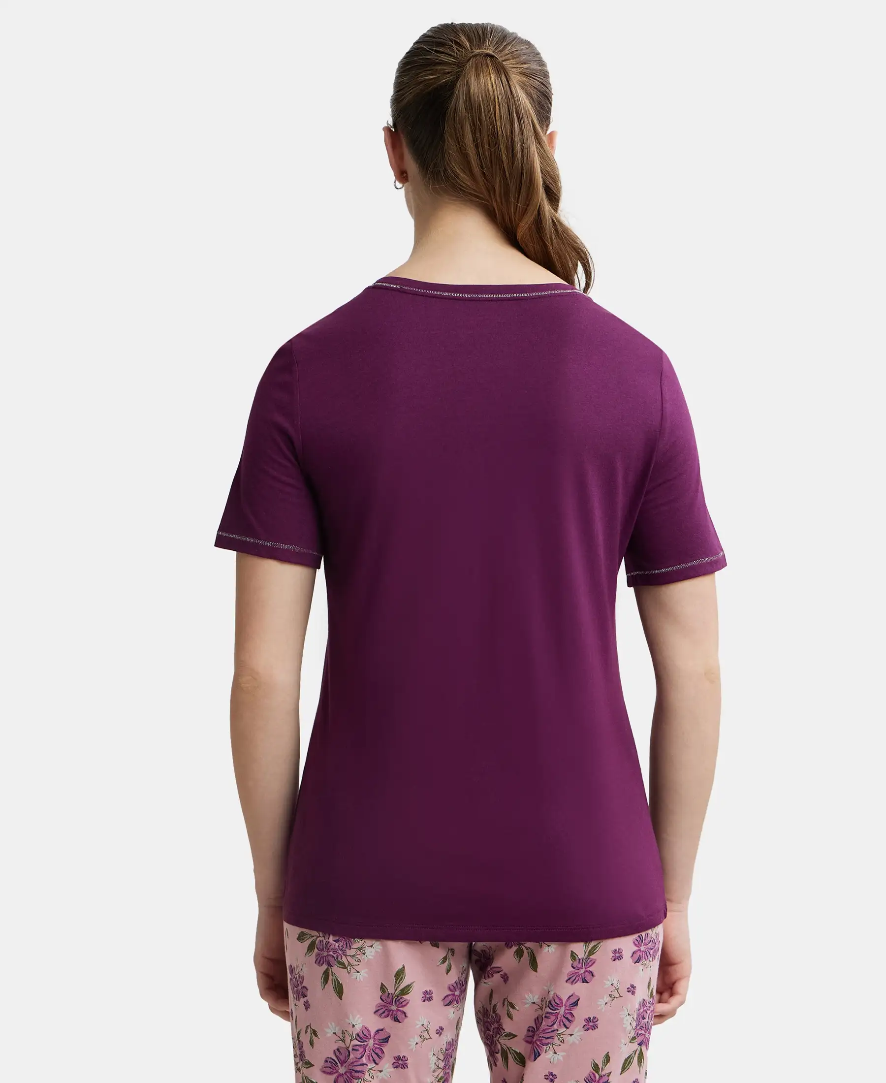 Micro Modal Cotton Relaxed Fit Round neck Half Sleeve T-Shirt - Purple Wine - Image 3