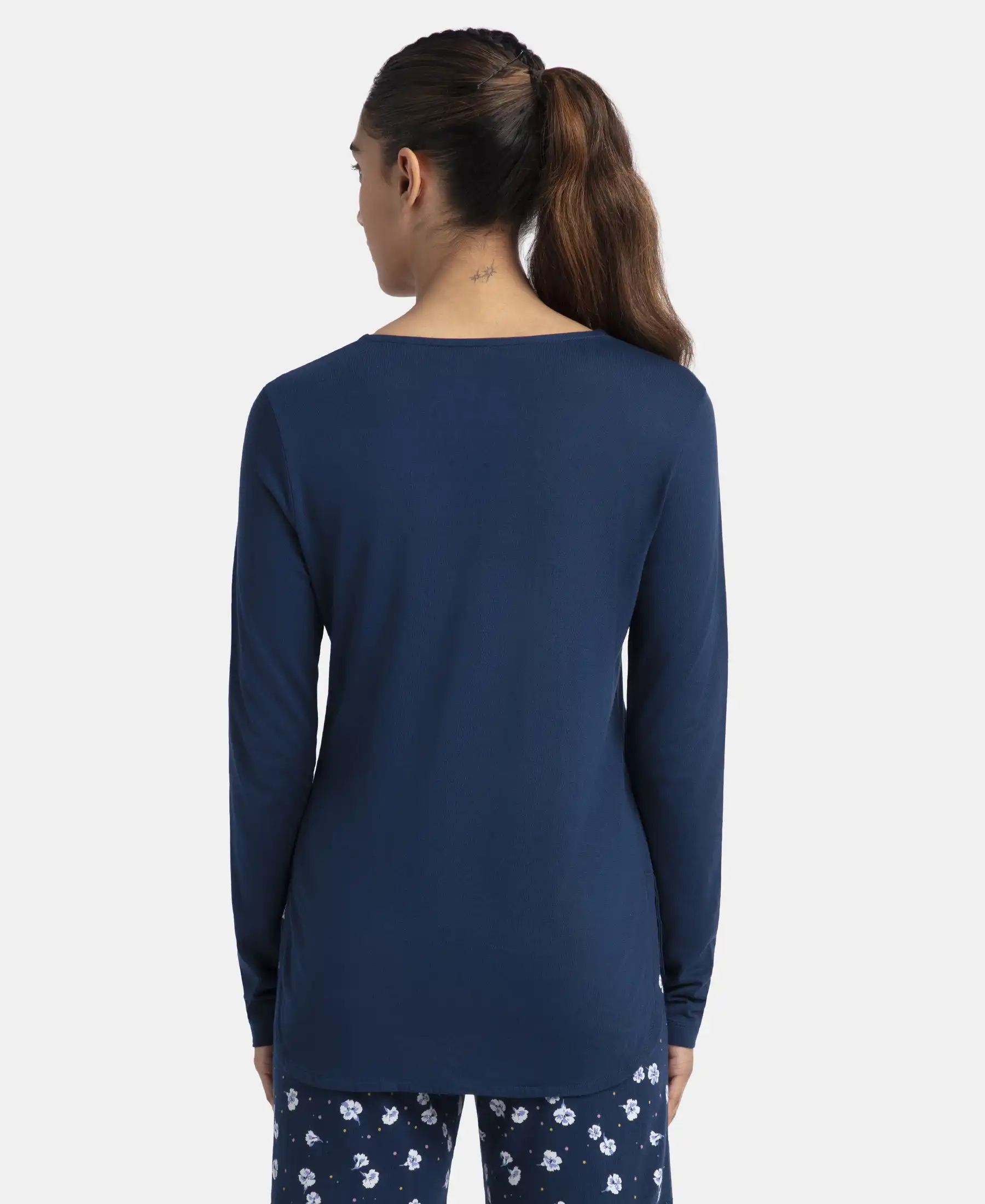 Micro Modal Cotton Relaxed Fit Solid Round Neck Full Sleeve T-Shirt with Curved Hem Styling - Pageant Blue - Image 3