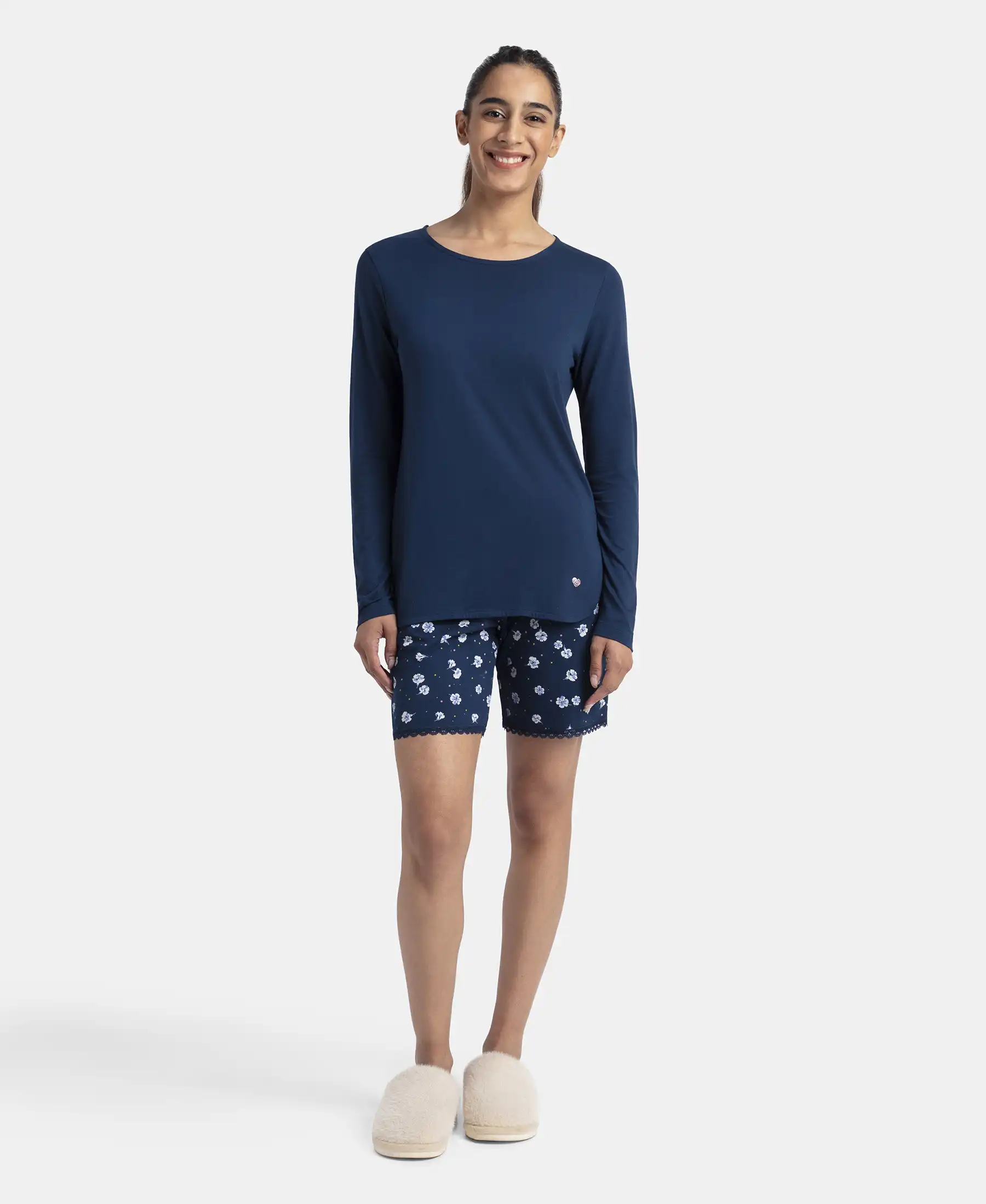 Micro Modal Cotton Relaxed Fit Solid Round Neck Full Sleeve T-Shirt with Curved Hem Styling - Pageant Blue - Image 5