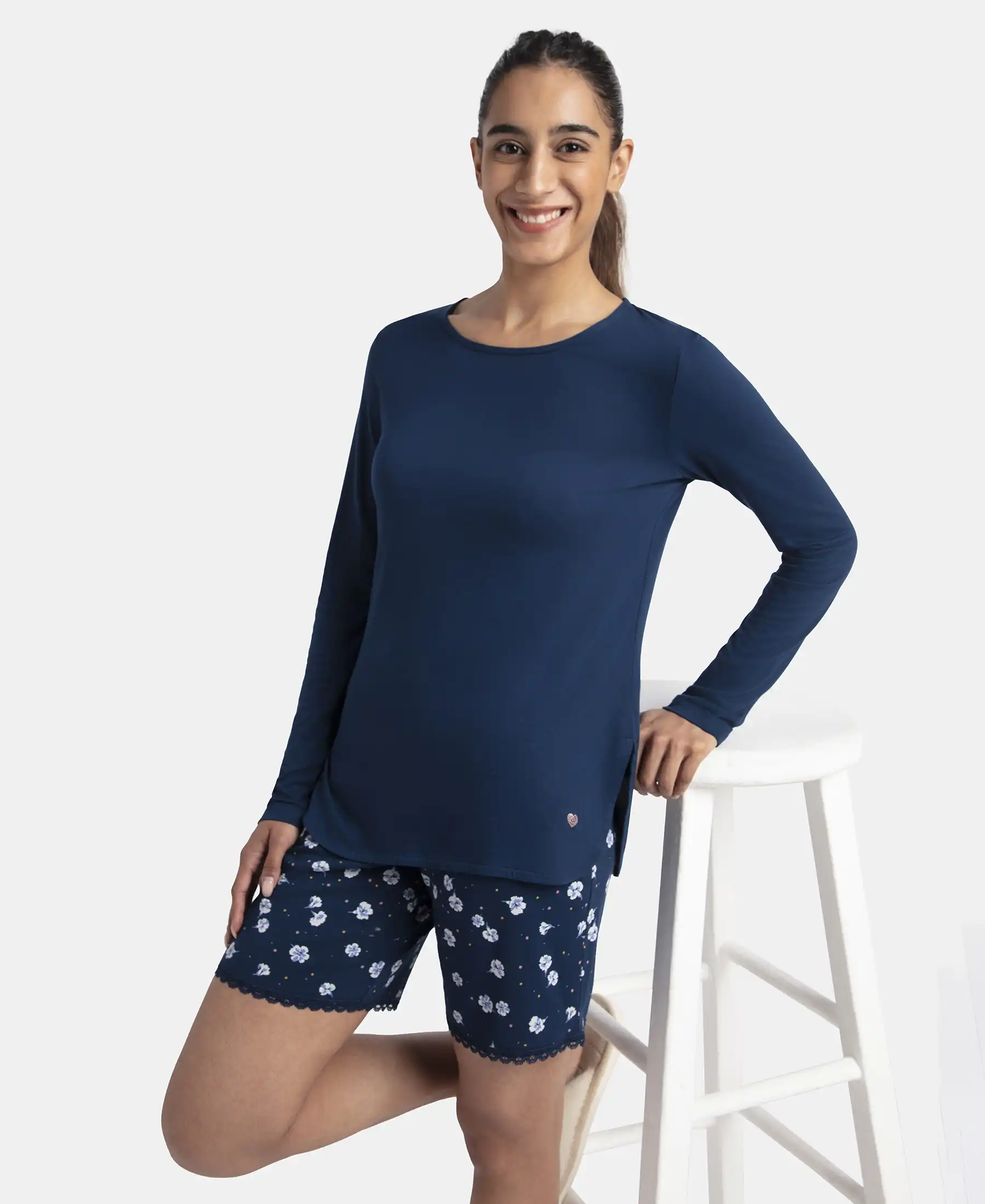 Micro Modal Cotton Relaxed Fit Solid Round Neck Full Sleeve T-Shirt with Curved Hem Styling - Pageant Blue - Image 6