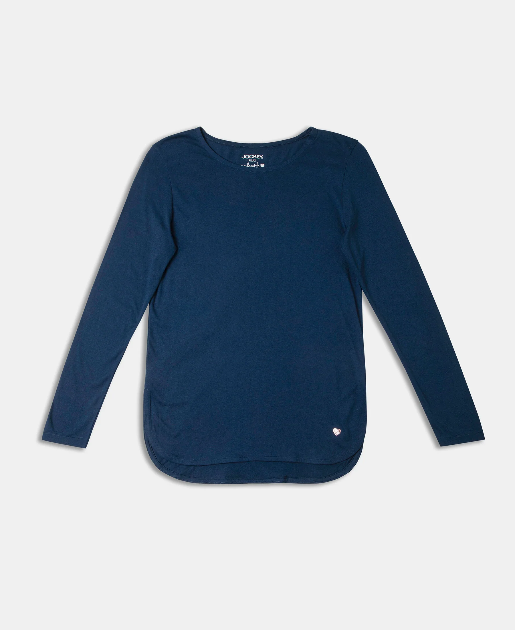 Micro Modal Cotton Relaxed Fit Solid Round Neck Full Sleeve T-Shirt with Curved Hem Styling - Pageant Blue - Image 9