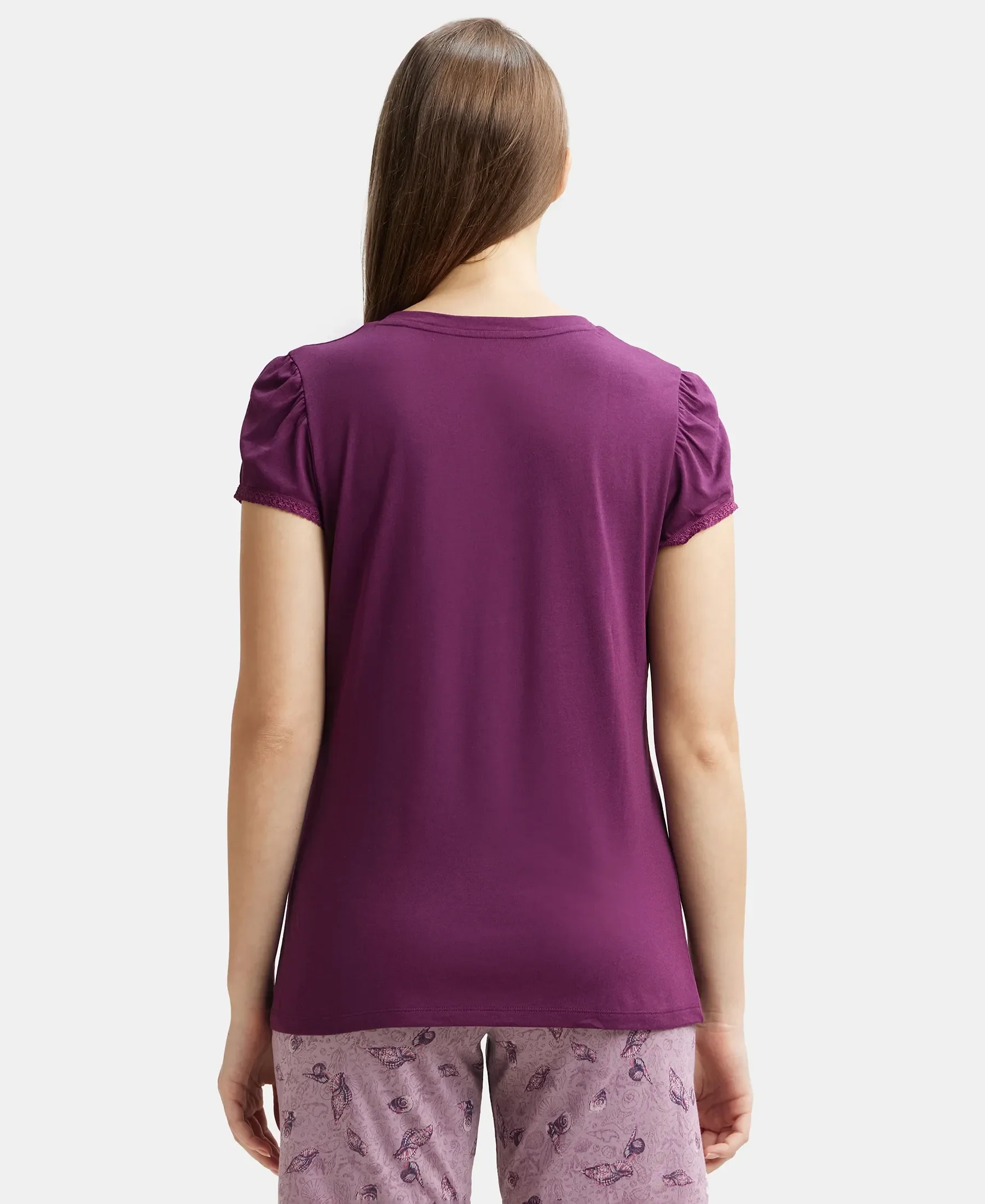 Micro Modal Cotton Relaxed Fit Solid V Neck Half Sleeve T-Shirt - Purple Wine - Image 3