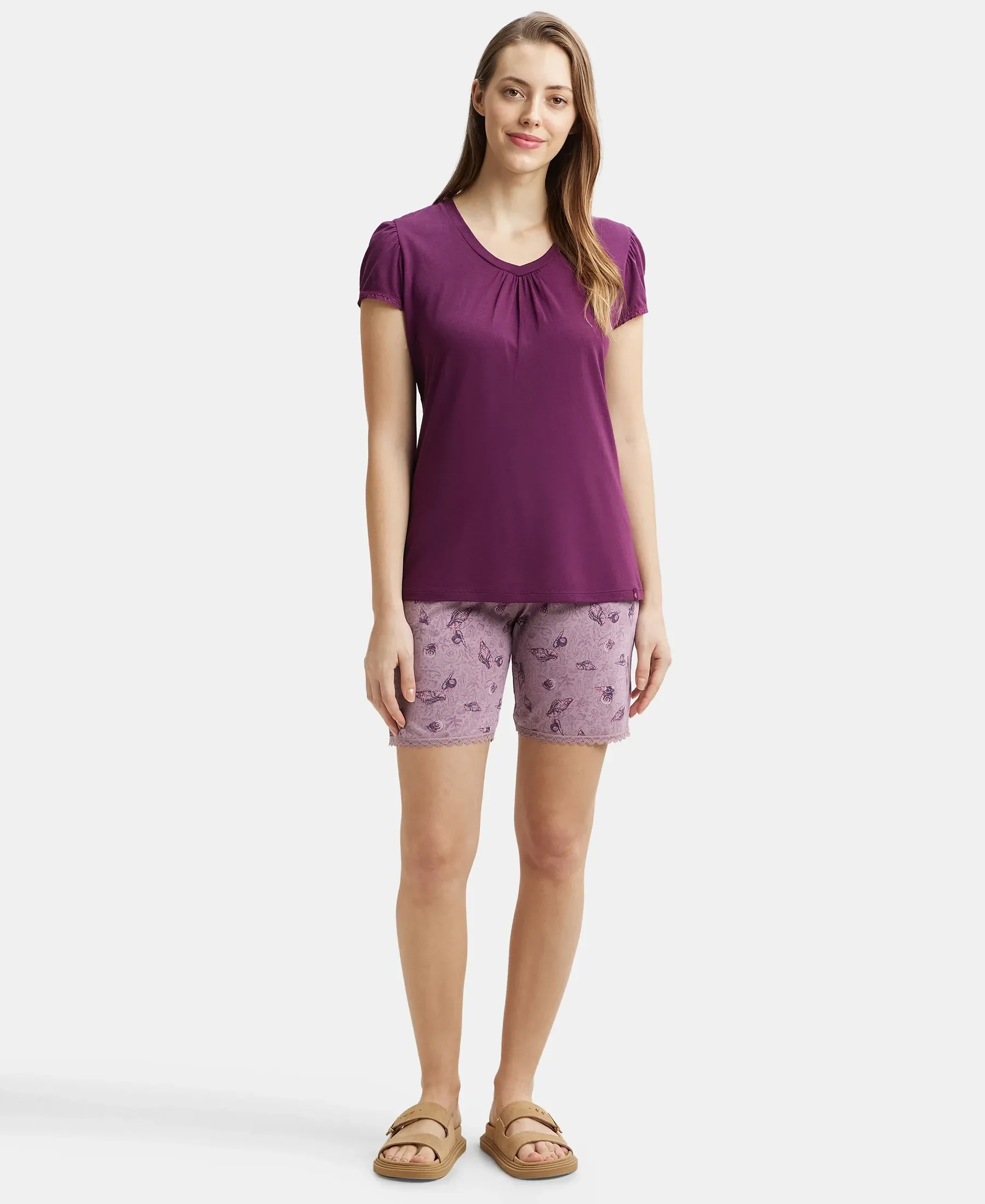 Micro Modal Cotton Relaxed Fit Solid V Neck Half Sleeve T-Shirt - Purple Wine - Image 4