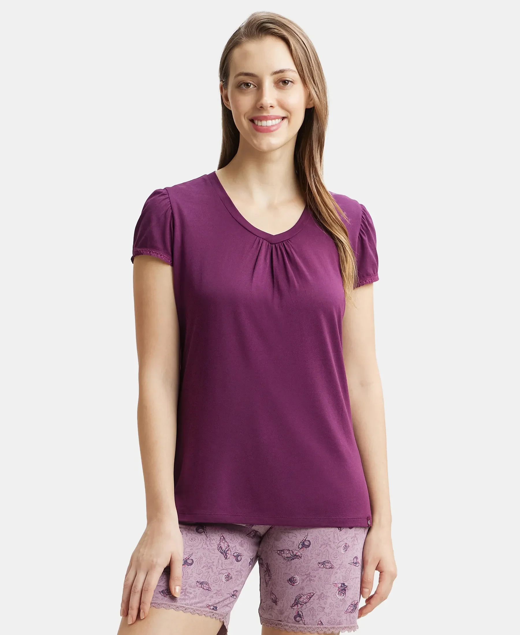 Micro Modal Cotton Relaxed Fit Solid V Neck Half Sleeve T-Shirt - Purple Wine - Image 5
