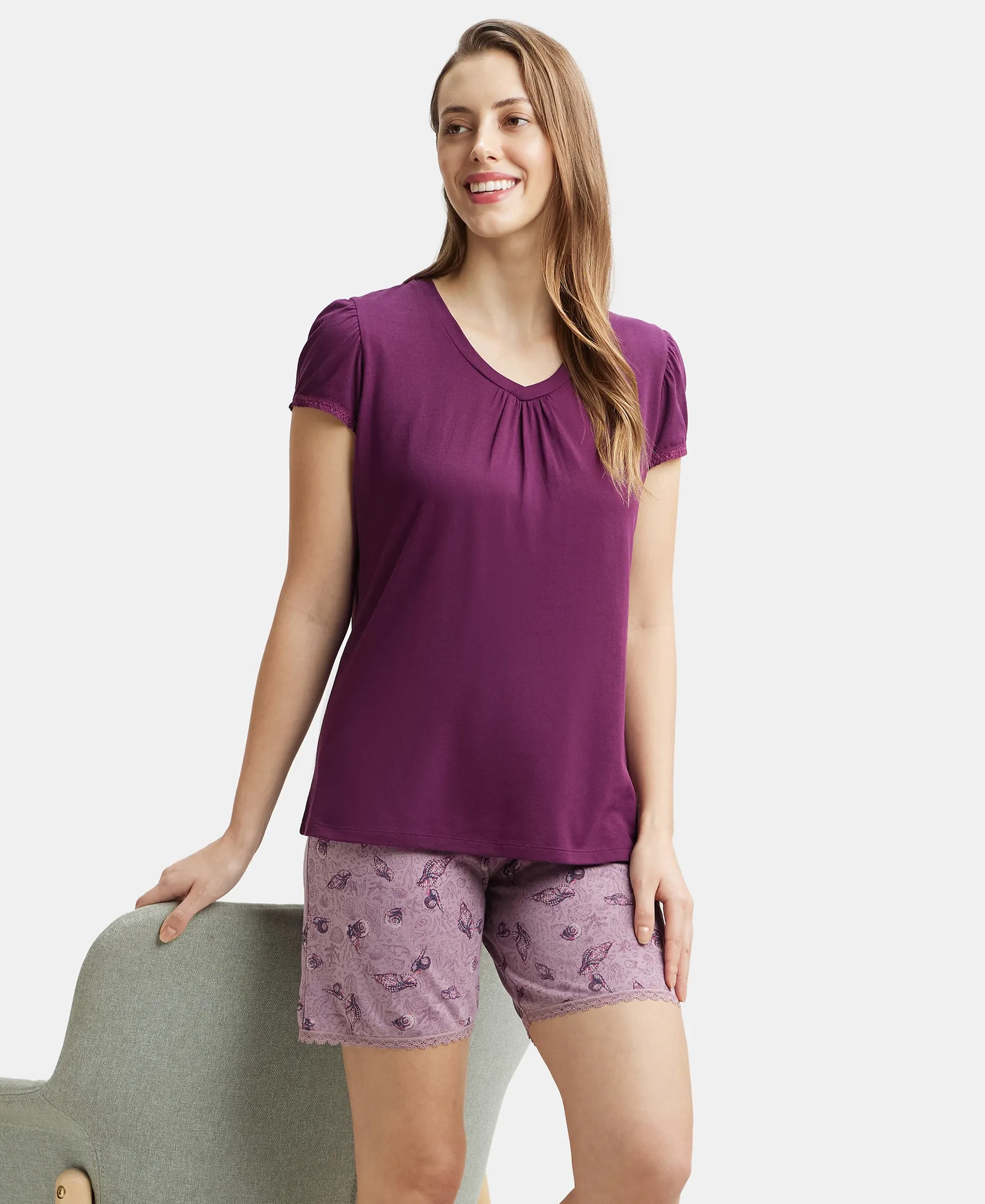 Micro Modal Cotton Relaxed Fit Solid V Neck Half Sleeve T-Shirt - Purple Wine - Image 6