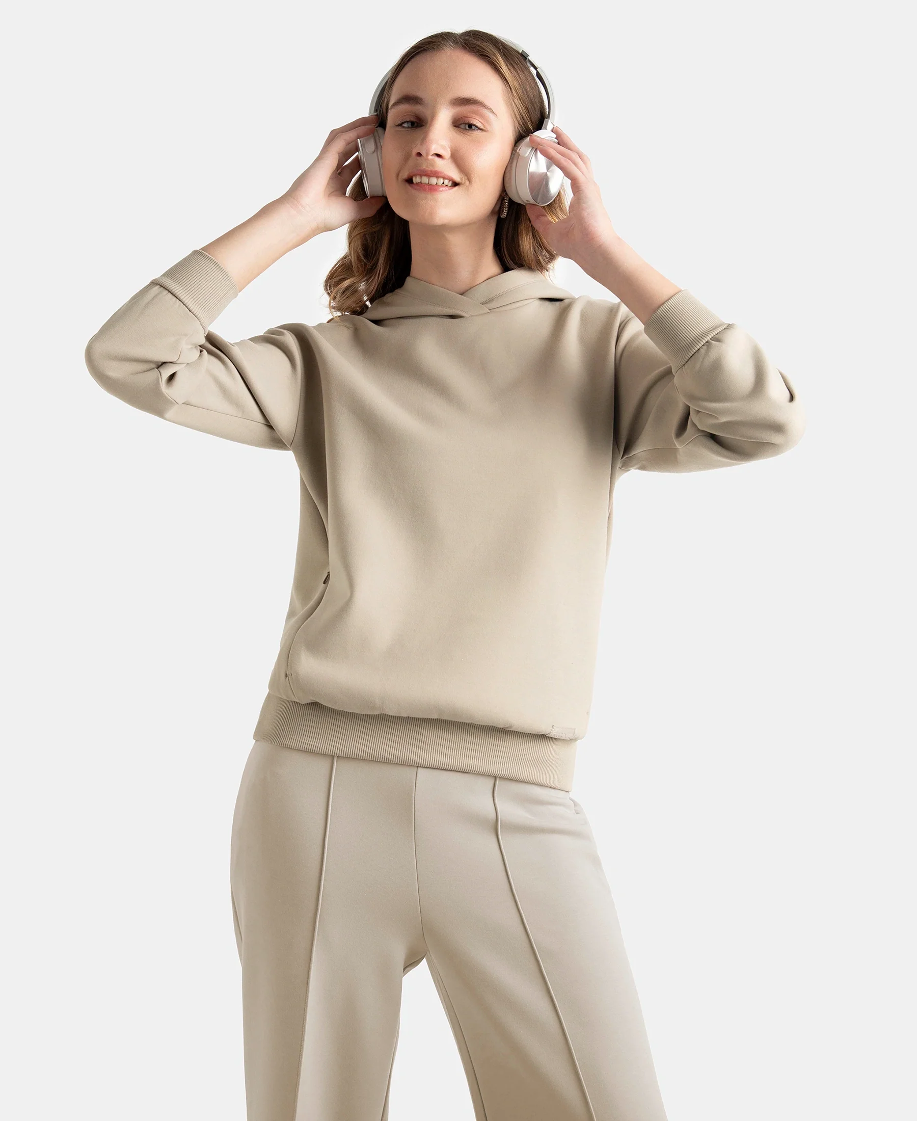 Microfiber Cotton Blend Elastane Stretch Drop Shoulder Hoodie Sweatshirt - Moon Rock - Image 5