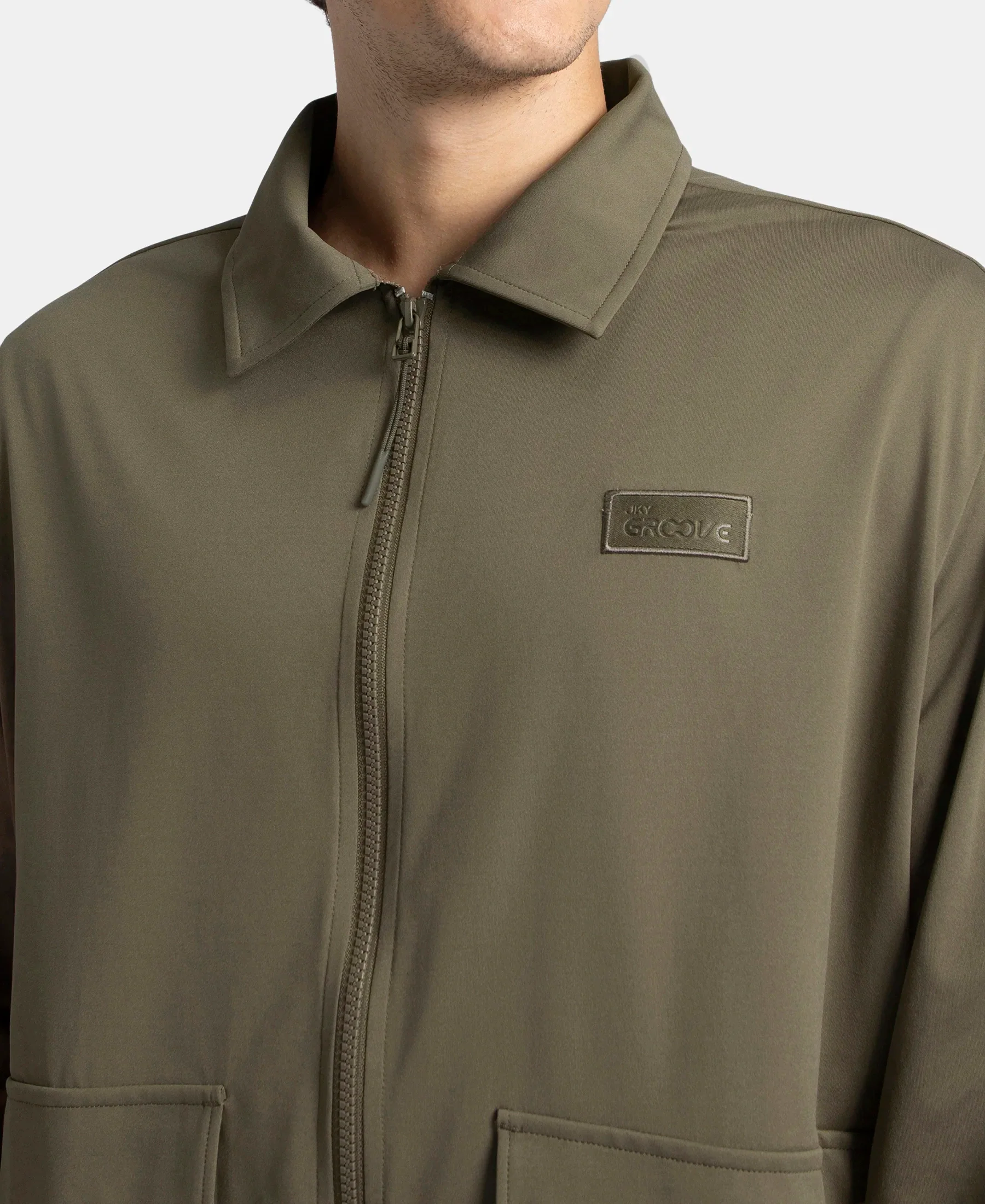 Microfiber Fabric 4 Pocket Full Zip Closure Shacket - Green - Image 7