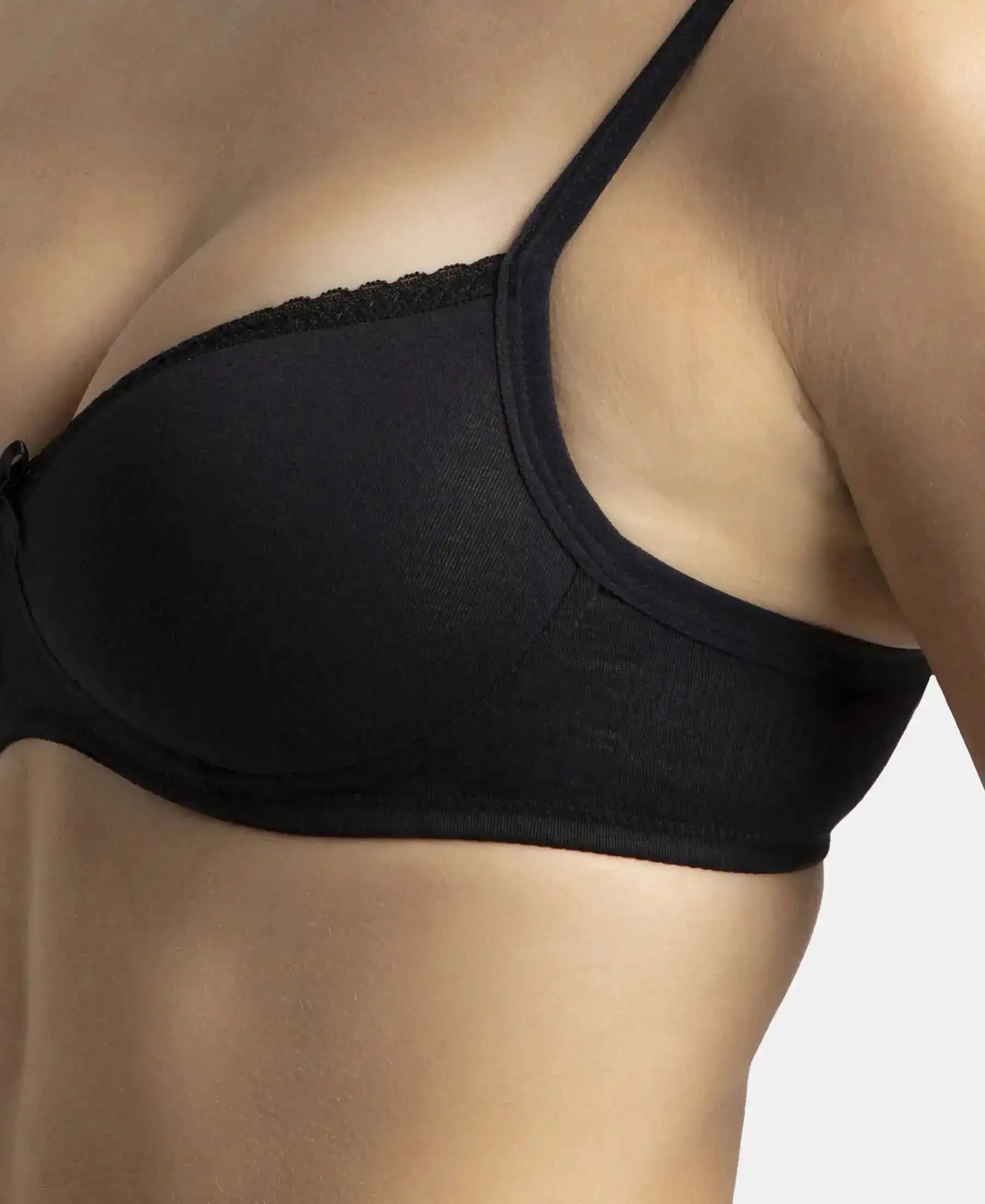 Pack of 2 Wirefree Padded Super Combed Cotton Elastane Stretch Medium Coverage T-Shirt Bra with Lace Styling - Black & Light Skin - Image 9