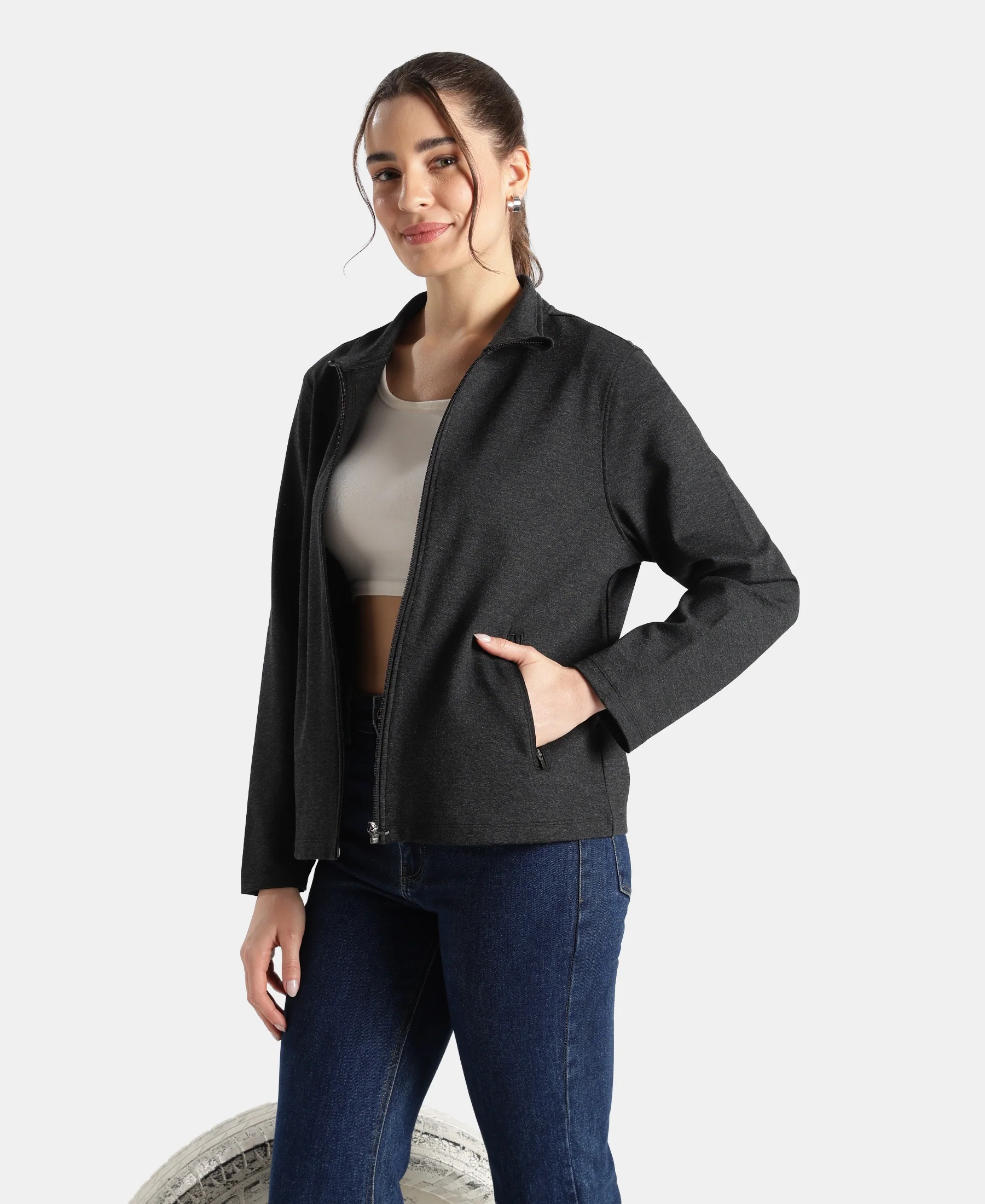 Rayon Nylon Elastane Stretch Relaxed Fit Jacket with Zipper Pockets - Black Melange - Image 5