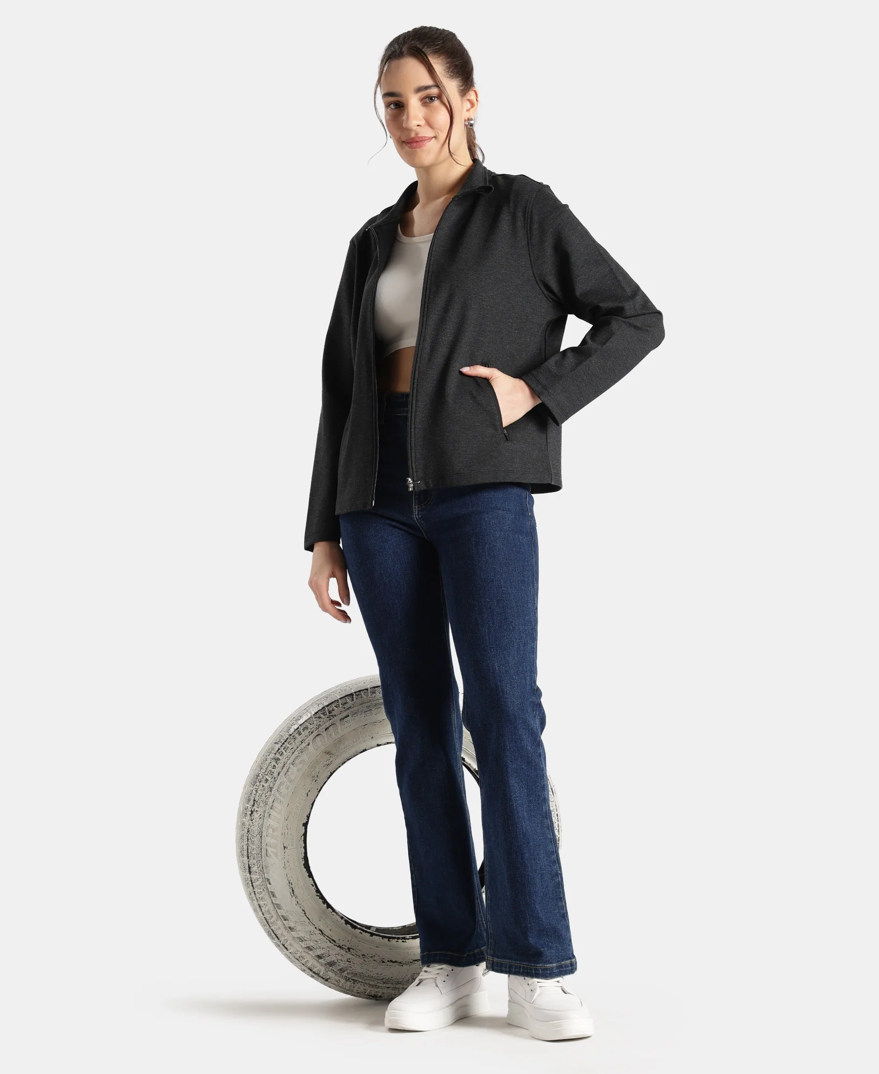 Rayon Nylon Elastane Stretch Relaxed Fit Jacket with Zipper Pockets - Black Melange - Image 6