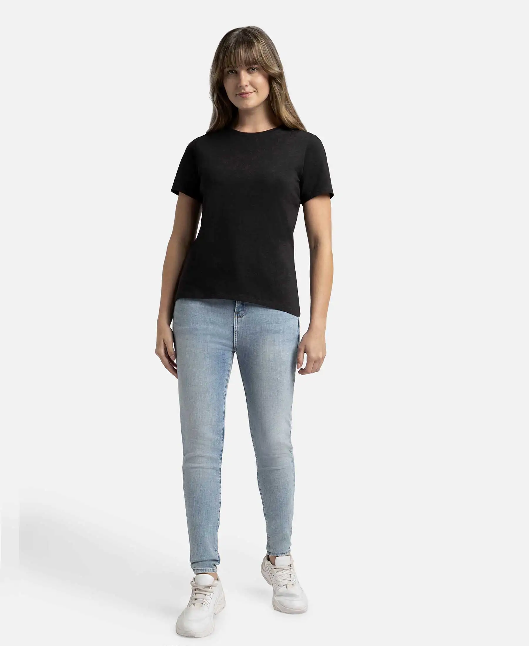 Super Combed Cotton Elastane Stretch Regular Fit Solid Round Neck Half Sleeve T-Shirt - Black - Image 4