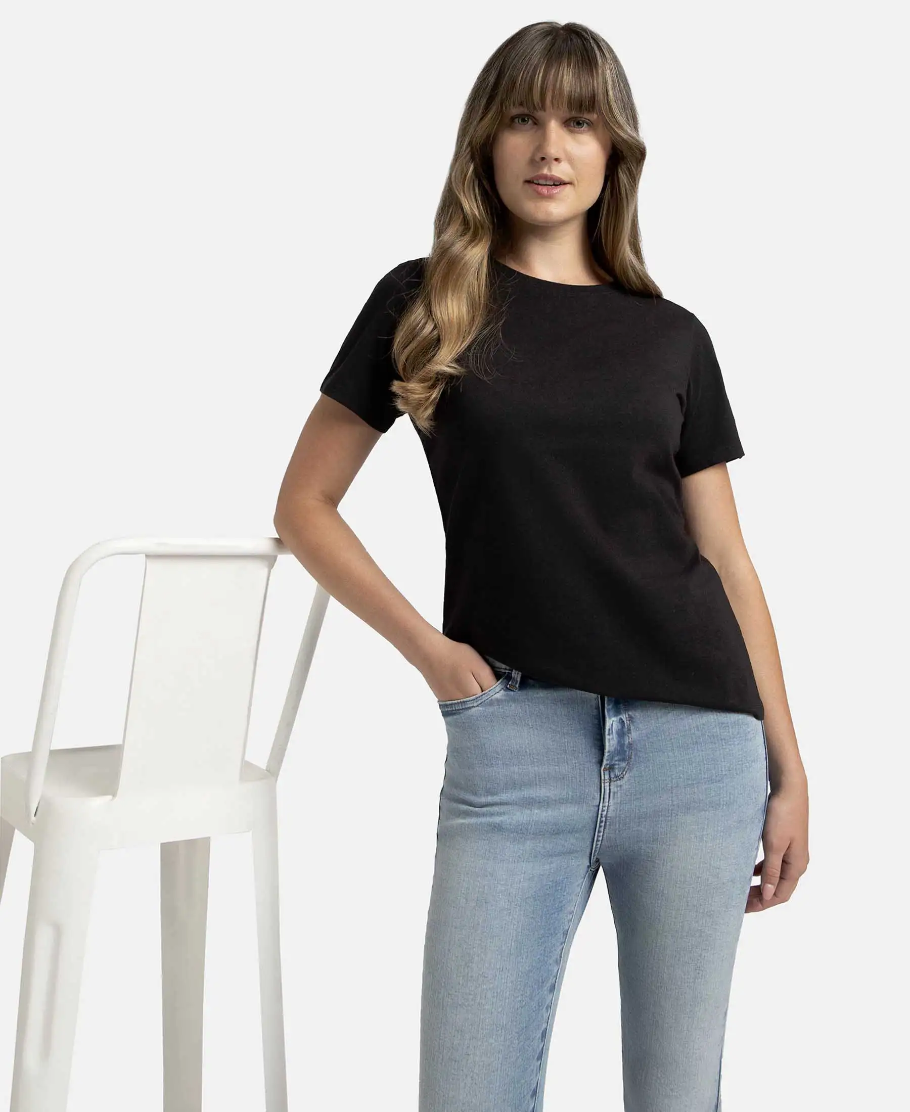 Super Combed Cotton Elastane Stretch Regular Fit Solid Round Neck Half Sleeve T-Shirt - Black - Image 5