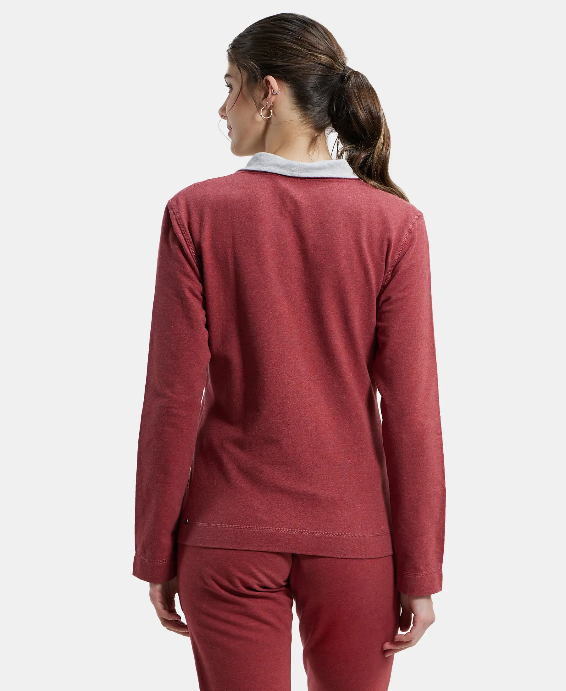Super Combed Cotton Elastane Stretch Full Zip High Neck Jacket With Convenient Front Pockets - Rust Red Melange - Image 3