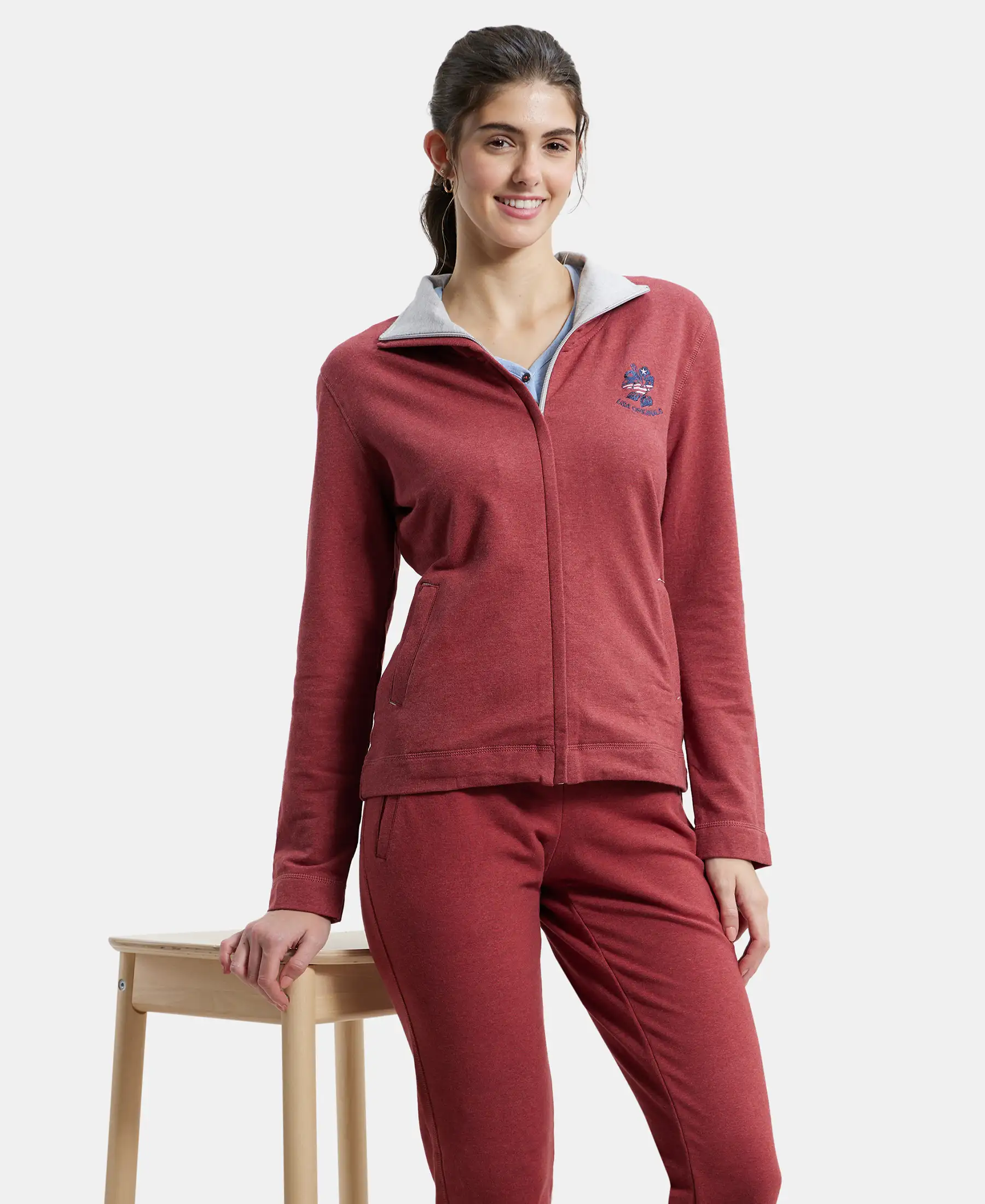 Super Combed Cotton Elastane Stretch Full Zip High Neck Jacket With Convenient Front Pockets - Rust Red Melange - Image 5
