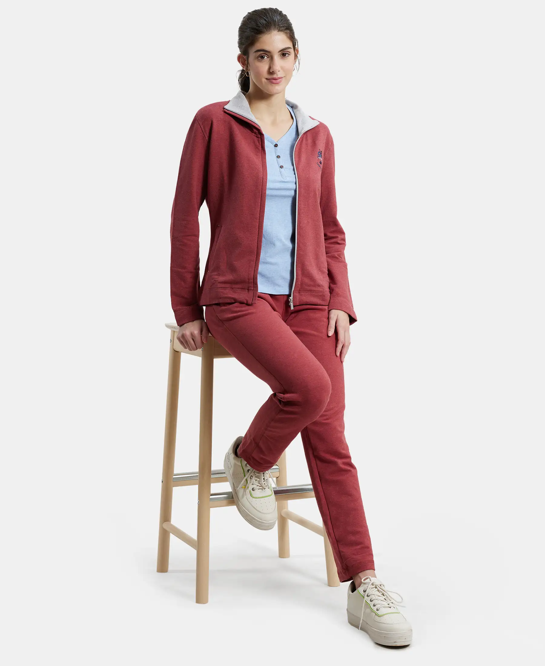Super Combed Cotton Elastane Stretch Full Zip High Neck Jacket With Convenient Front Pockets - Rust Red Melange - Image 6
