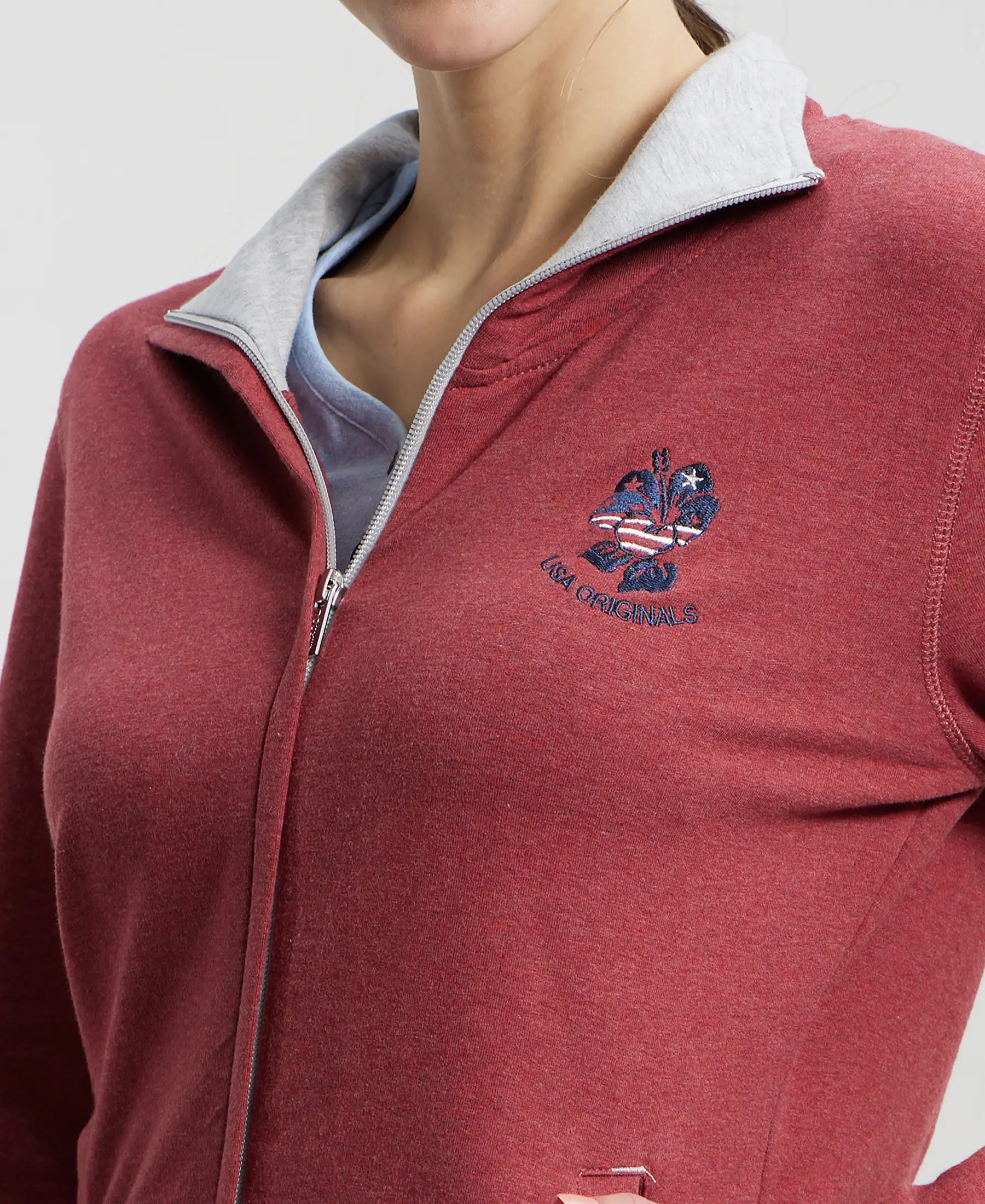 Super Combed Cotton Elastane Stretch Full Zip High Neck Jacket With Convenient Front Pockets - Rust Red Melange - Image 7