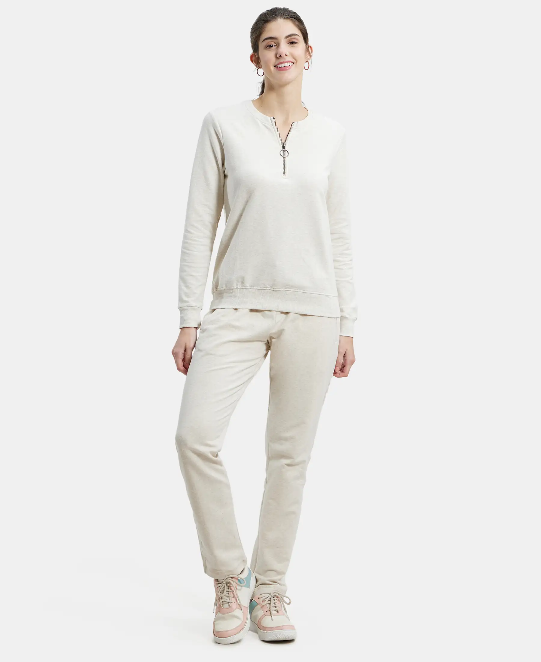 Super Combed Cotton Elastane Stretch Melange Sweatshirt with Round Neck Half Zip - Cream Melange - Image 4