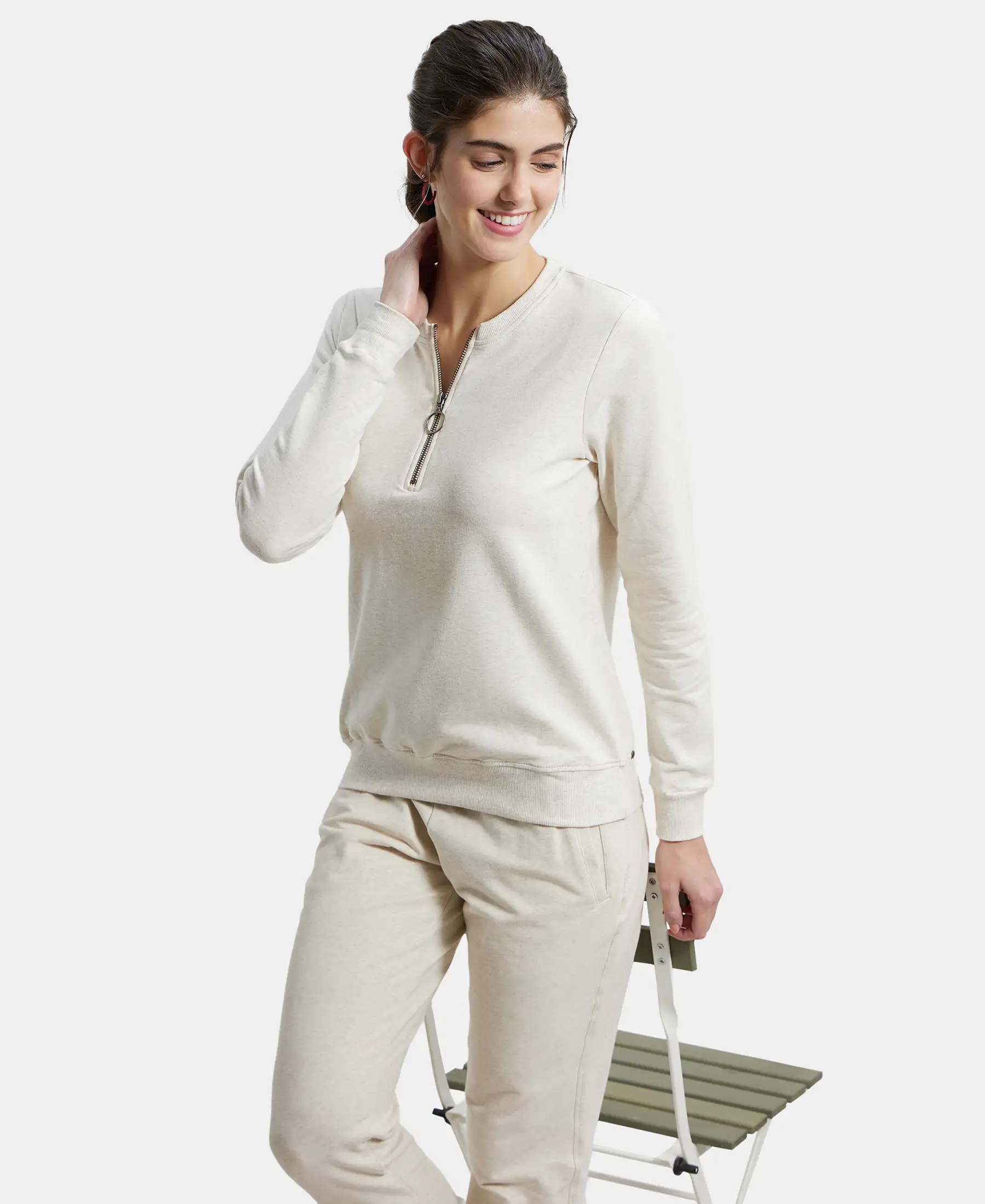 Super Combed Cotton Elastane Stretch Melange Sweatshirt with Round Neck Half Zip - Cream Melange - Image 5