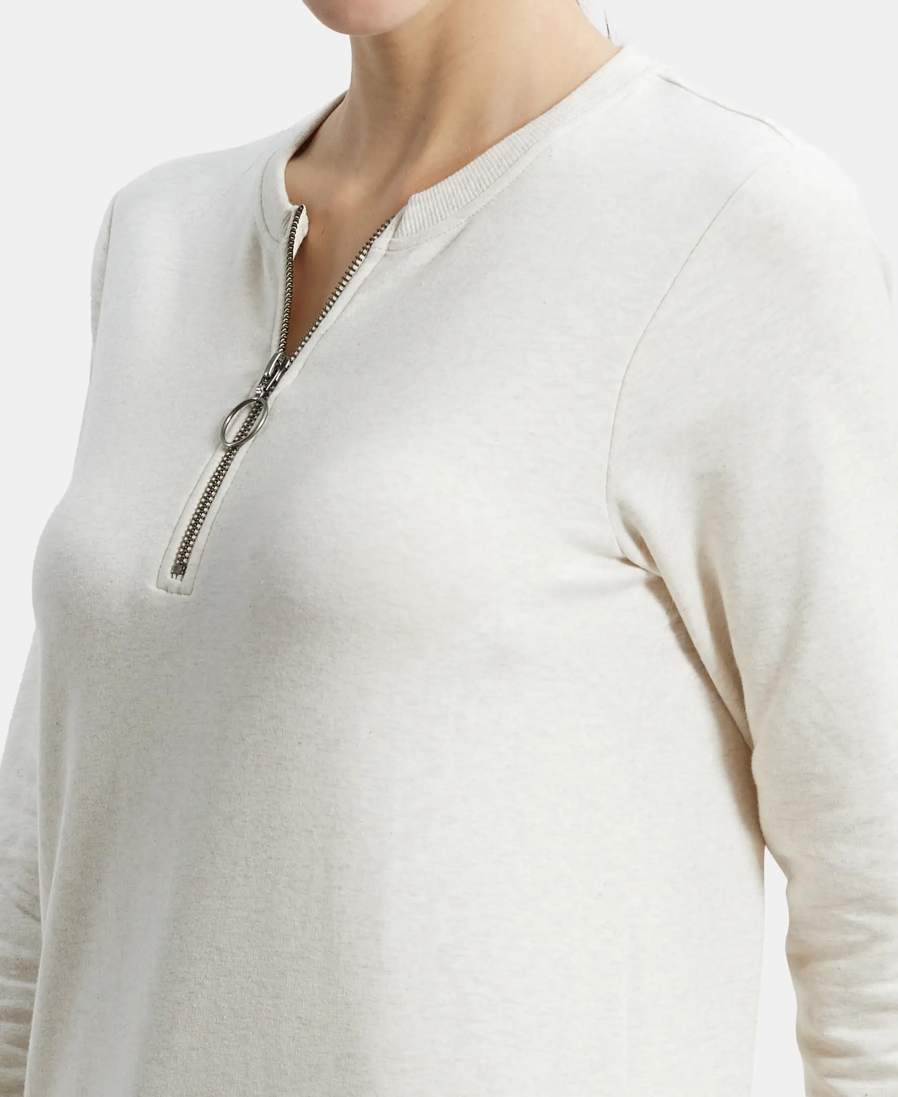 Super Combed Cotton Elastane Stretch Melange Sweatshirt with Round Neck Half Zip - Cream Melange - Image 7
