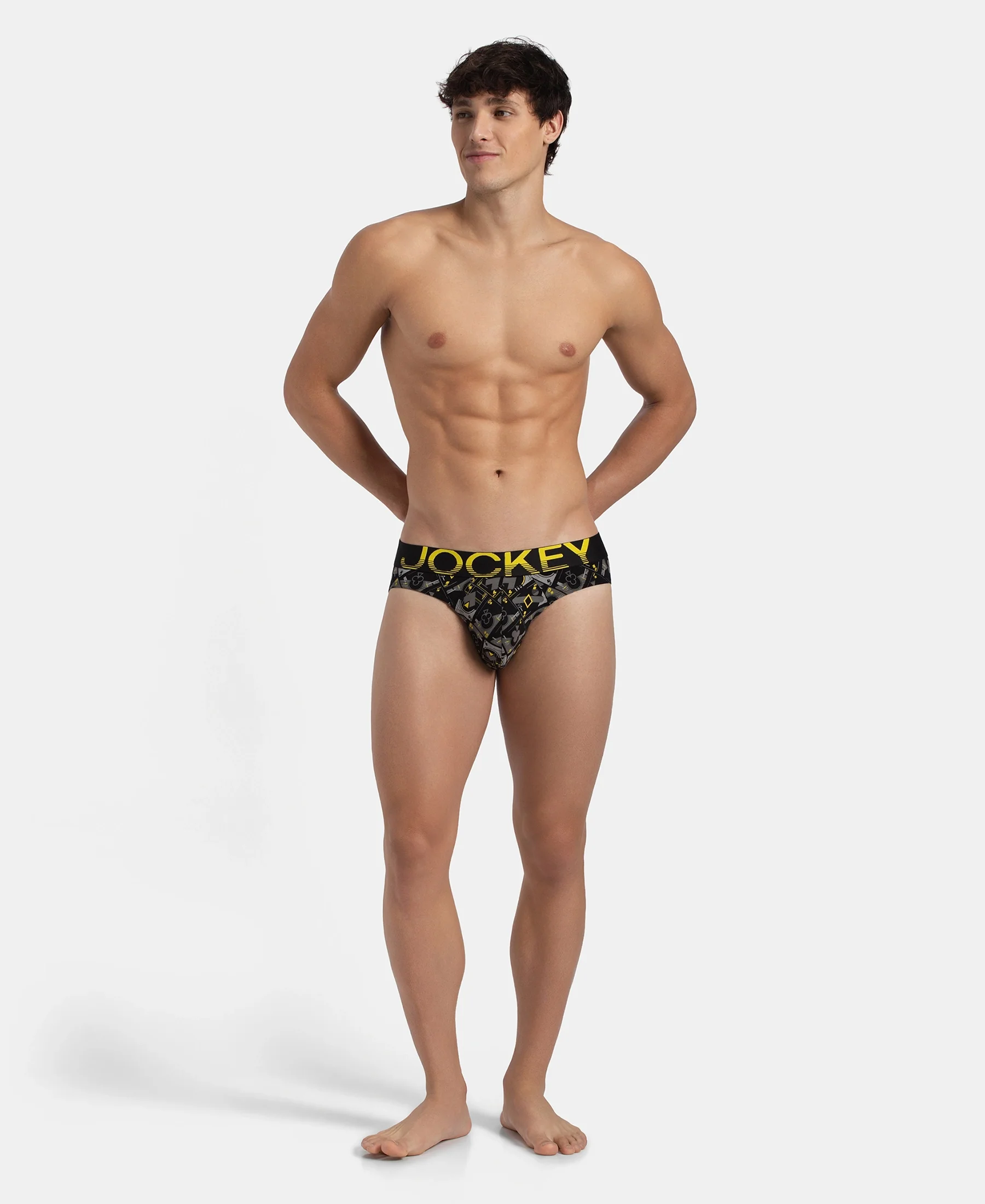 Super Combed Cotton Elastane Stretch Printed Brief with Ultrasoft Waistband - Black Empire Yellow - Image 4