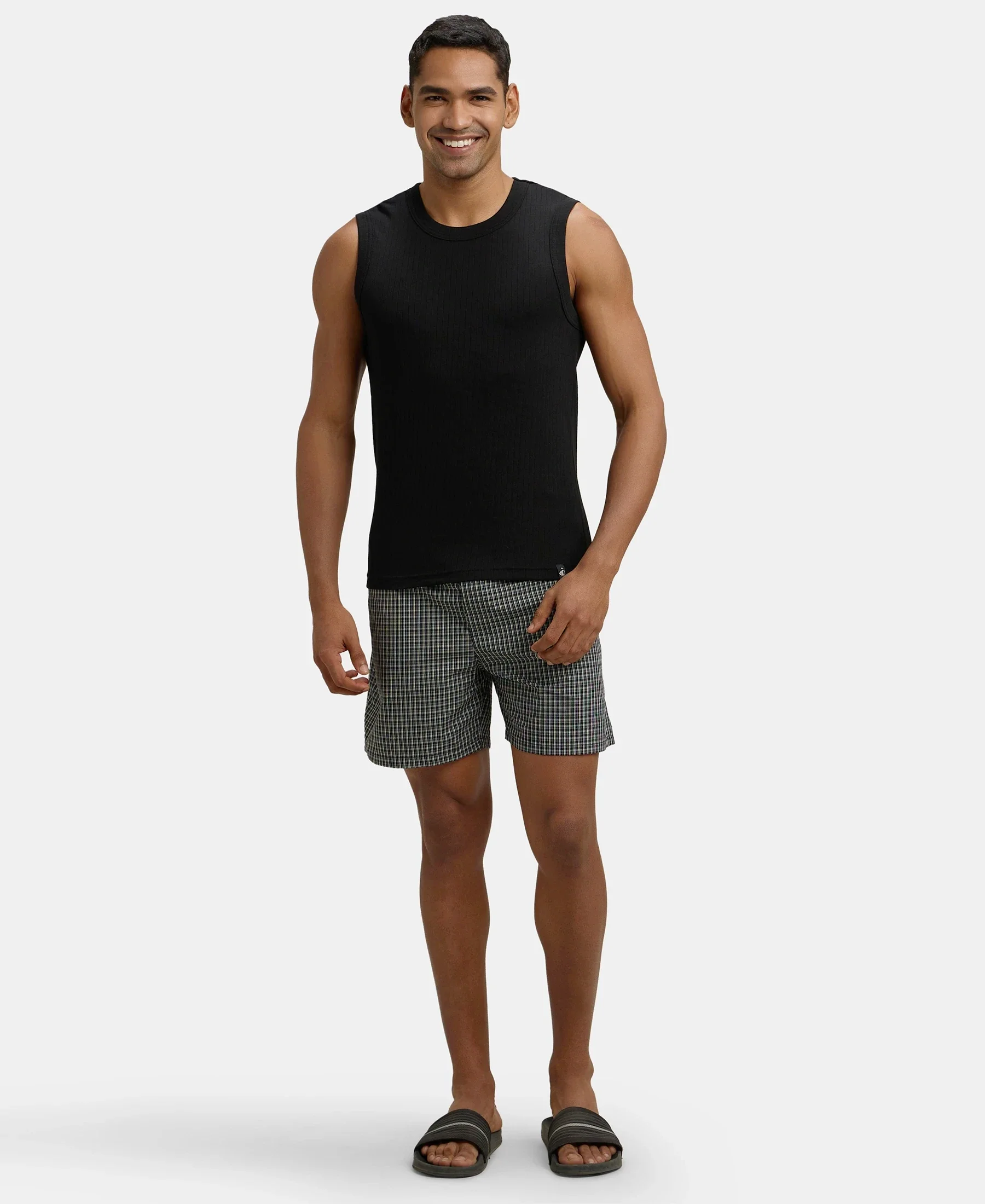 Super Combed Cotton Rib Solid Round Neck Muscle Vest - Black - Image 4
