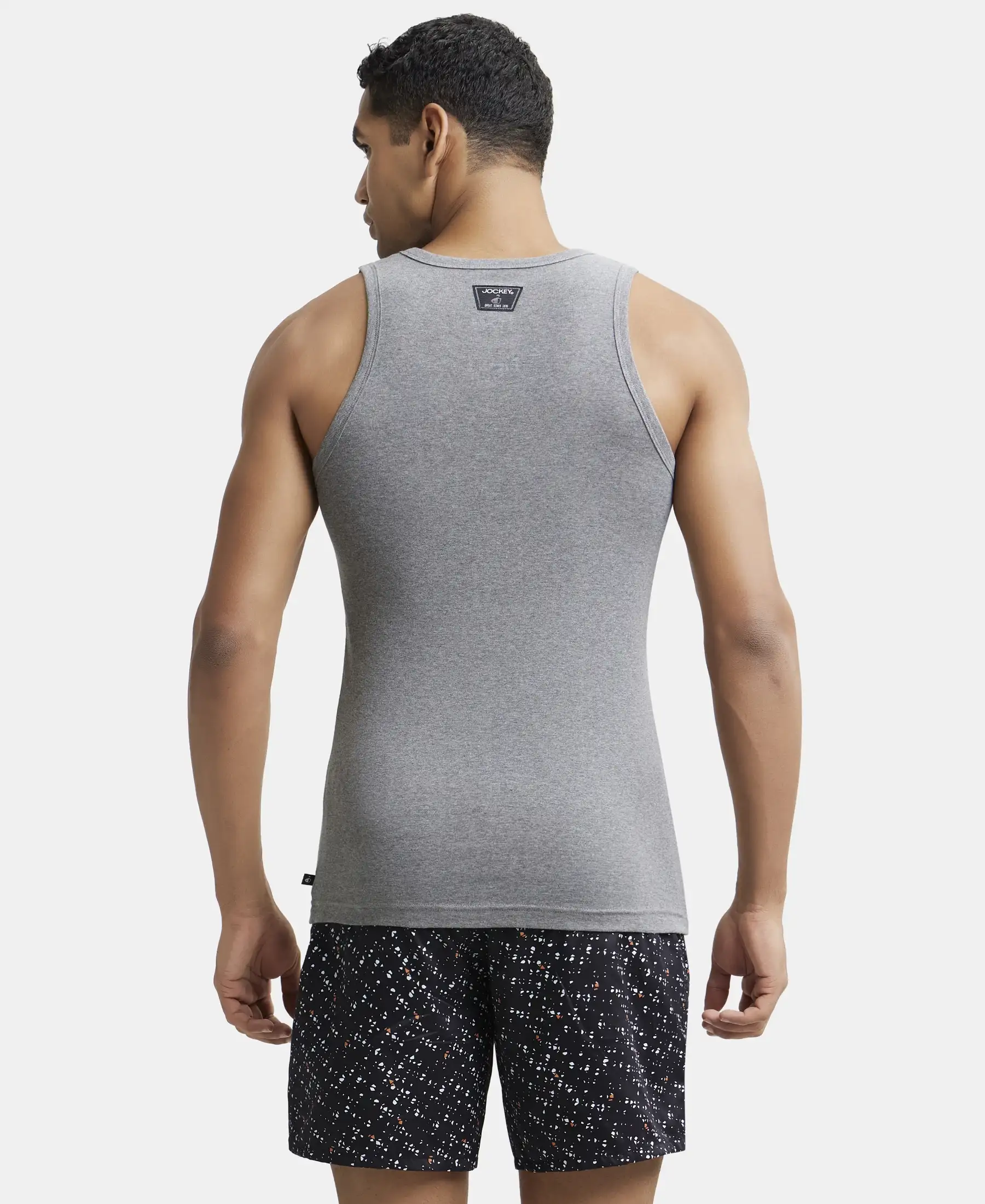 Super Combed Cotton Rib Square Neck Sleeveless Vest - Mid Grey Melange - Image 3