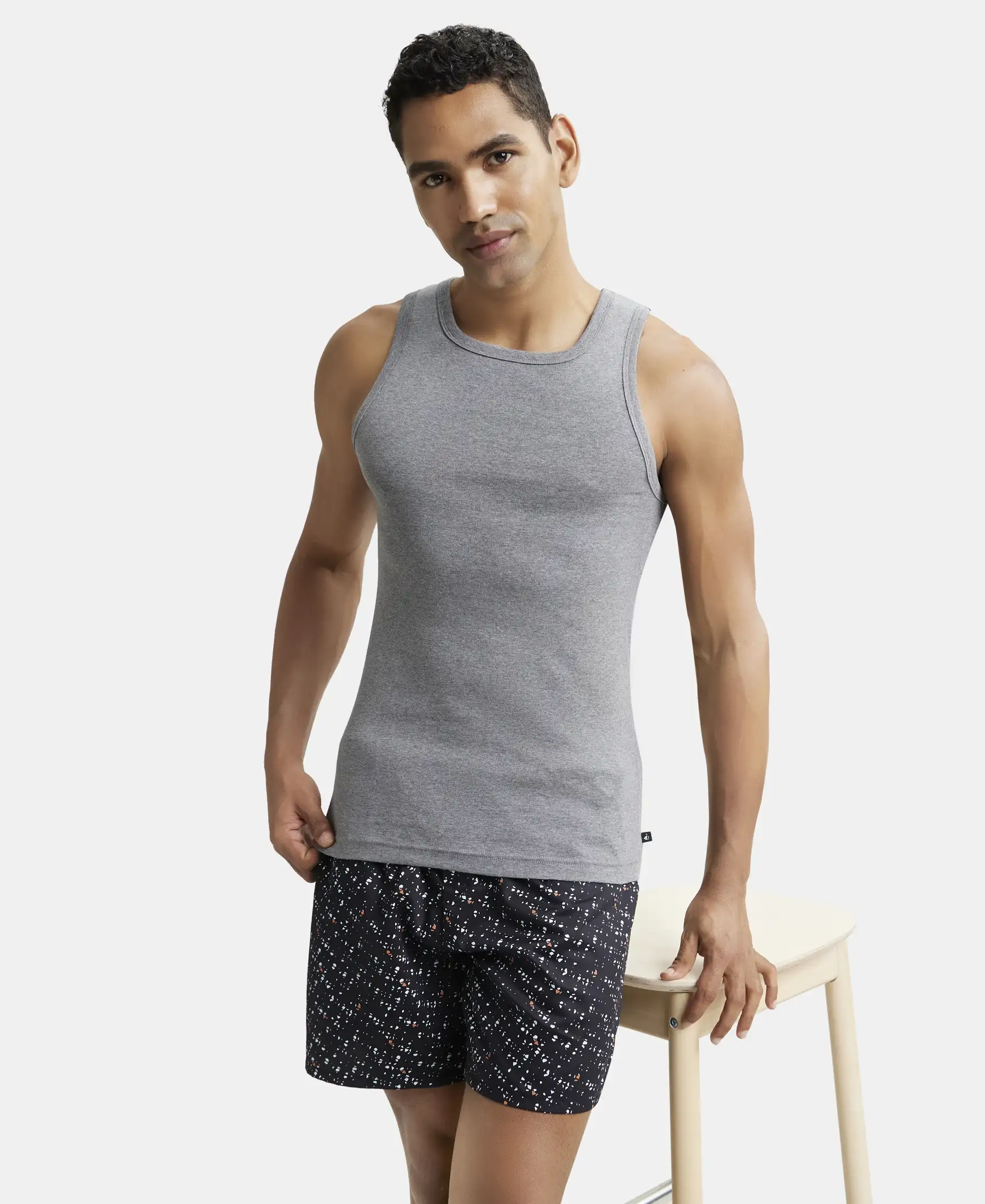 Super Combed Cotton Rib Square Neck Sleeveless Vest - Mid Grey Melange - Image 5