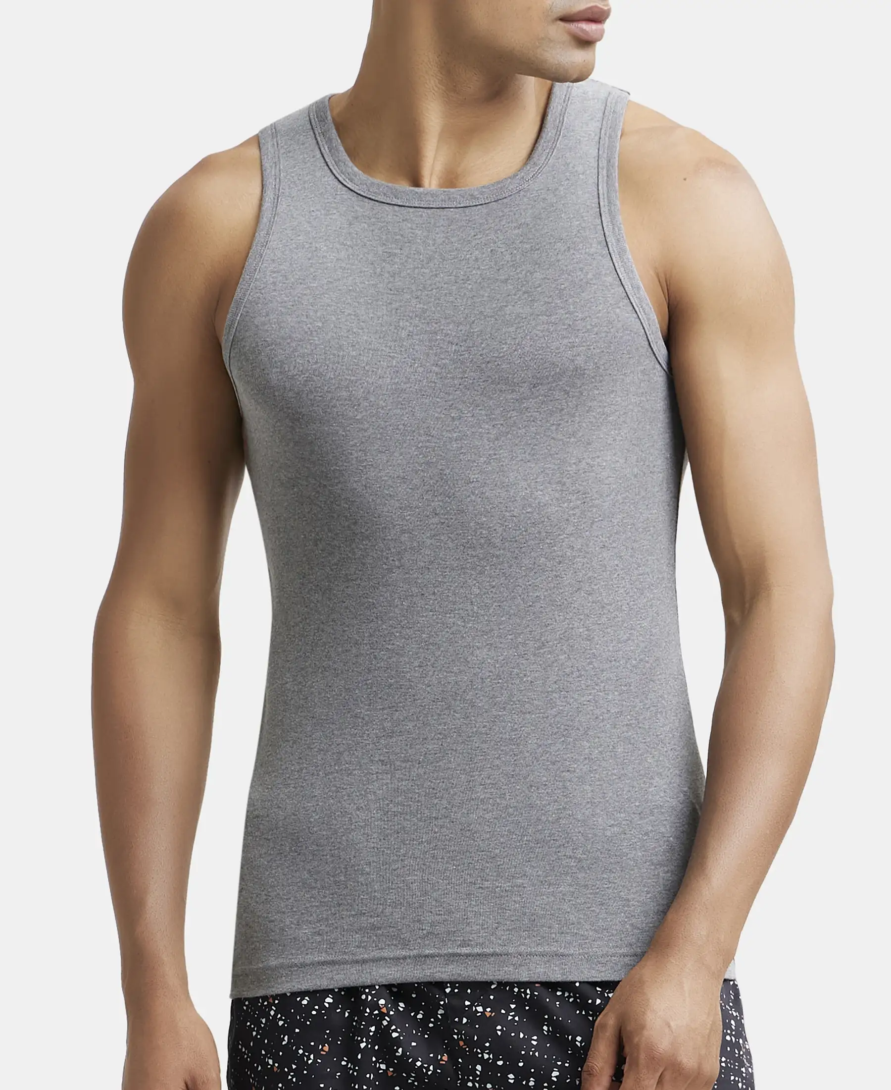 Super Combed Cotton Rib Square Neck Sleeveless Vest - Mid Grey Melange - Image 6