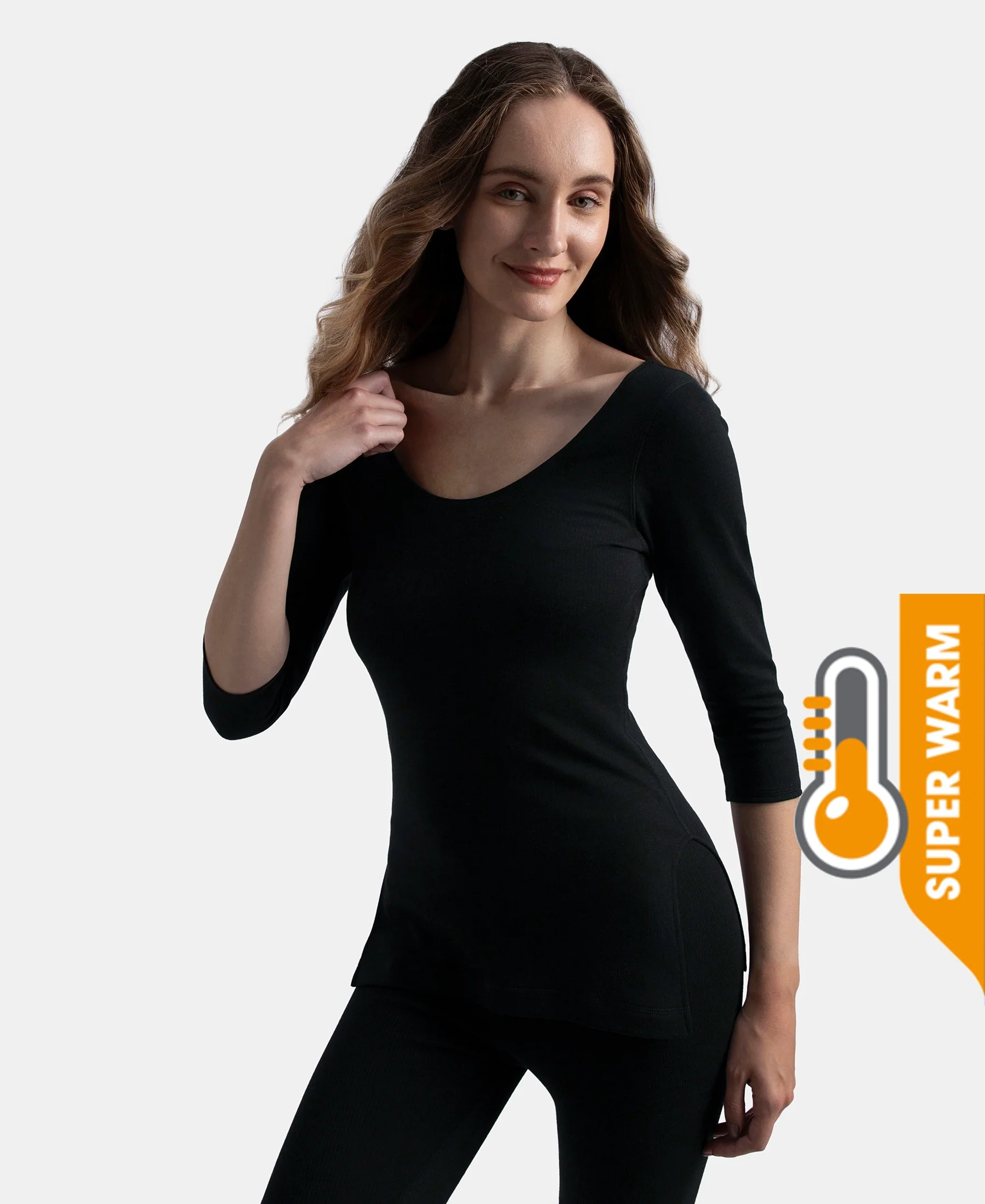 Super Warmth Super Combed Cotton Rich Brushed Three Quarter Sleeve Thermal Top with StayWarm Technology - Black - Image 5