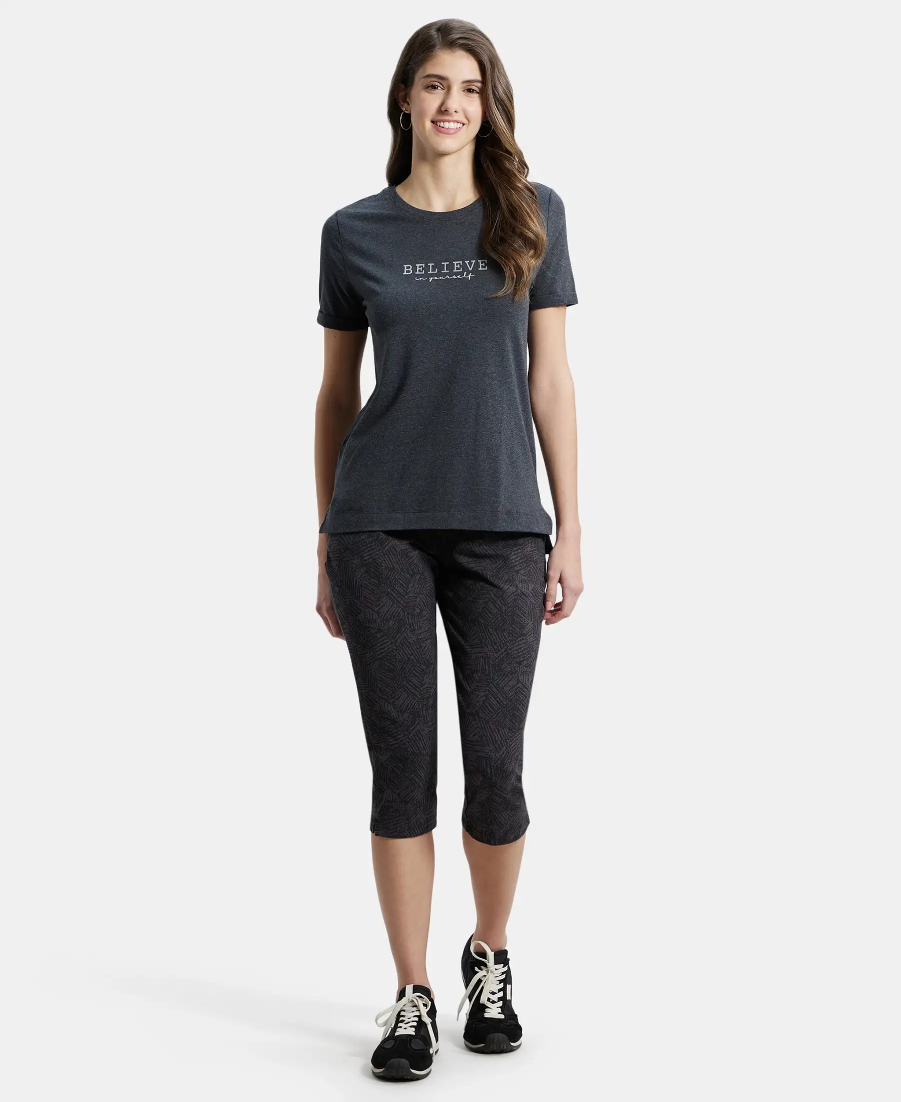 Super Combed Cotton Rich Elastane Stretch Relaxed Fit Graphic Printed Round Neck Half Sleeve T-Shirt - Black Melange - Image 4