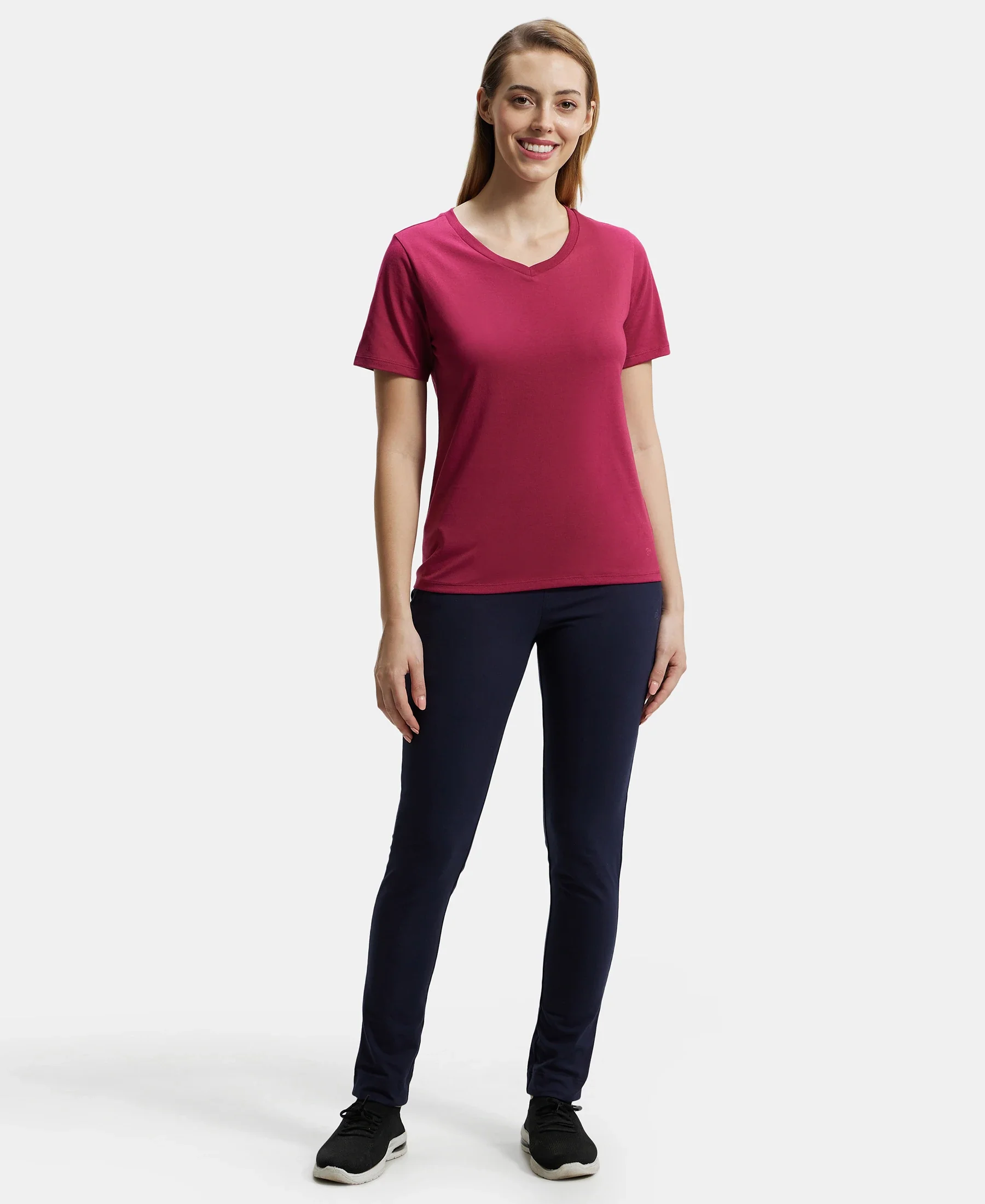 Super Combed Cotton Rich Fabric Relaxed Fit V-Neck Half Sleeve T-Shirt - Red Plum - Image 4