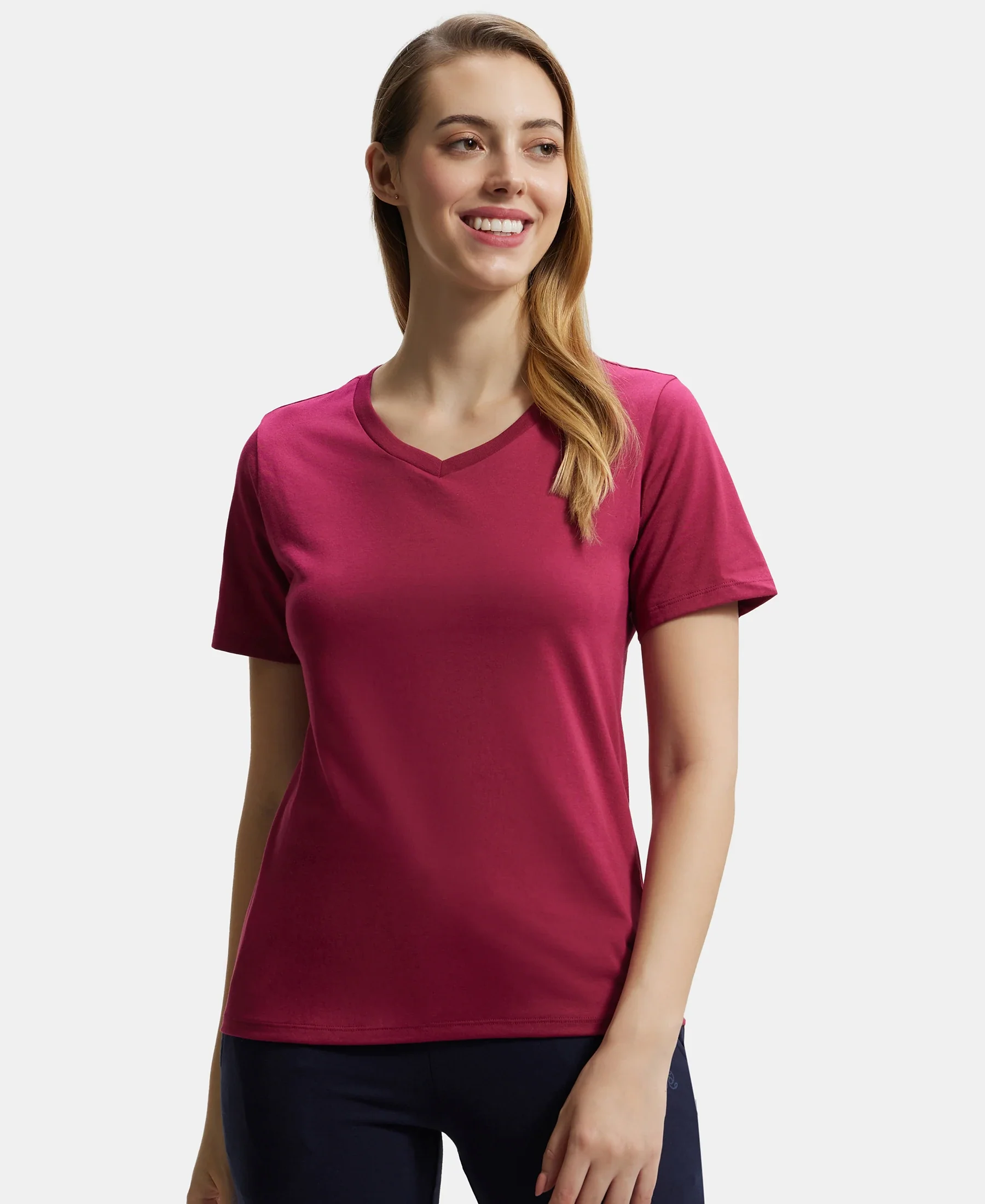Super Combed Cotton Rich Fabric Relaxed Fit V-Neck Half Sleeve T-Shirt - Red Plum - Image 5