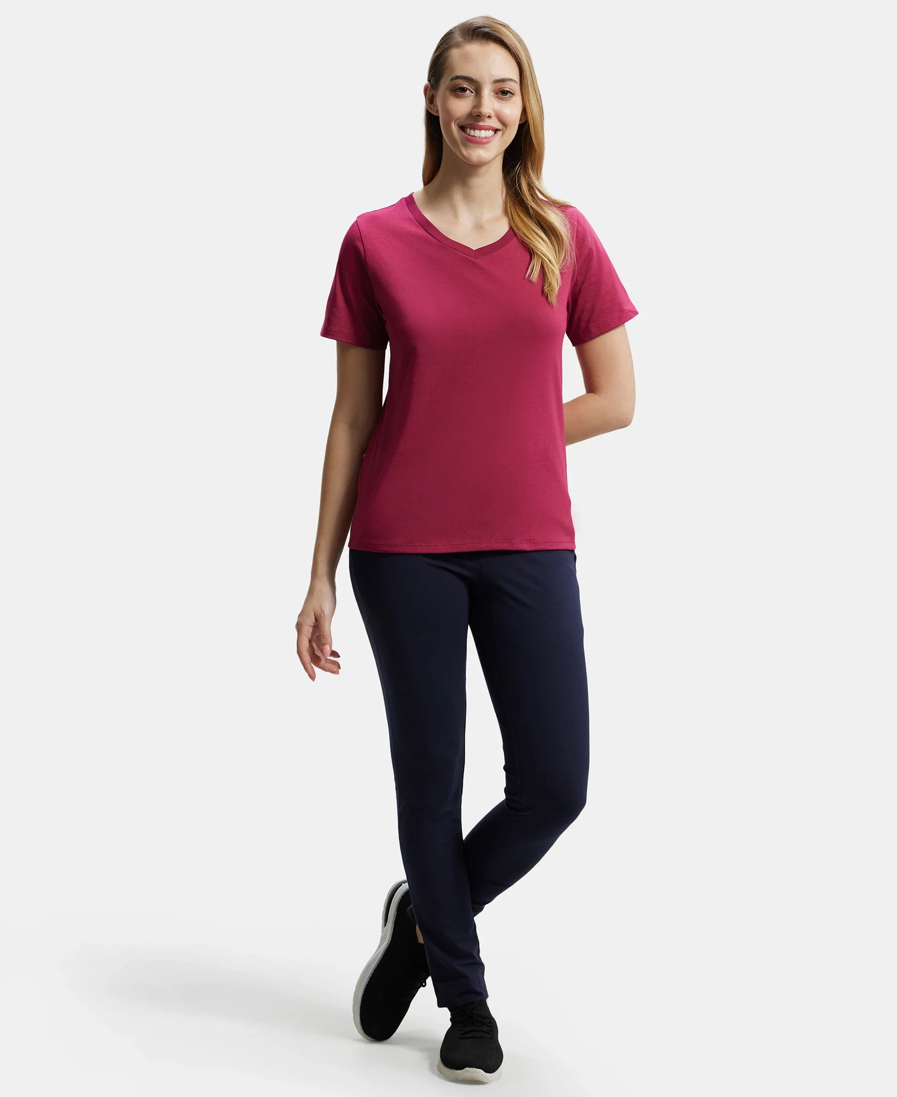 Super Combed Cotton Rich Fabric Relaxed Fit V-Neck Half Sleeve T-Shirt - Red Plum - Image 6