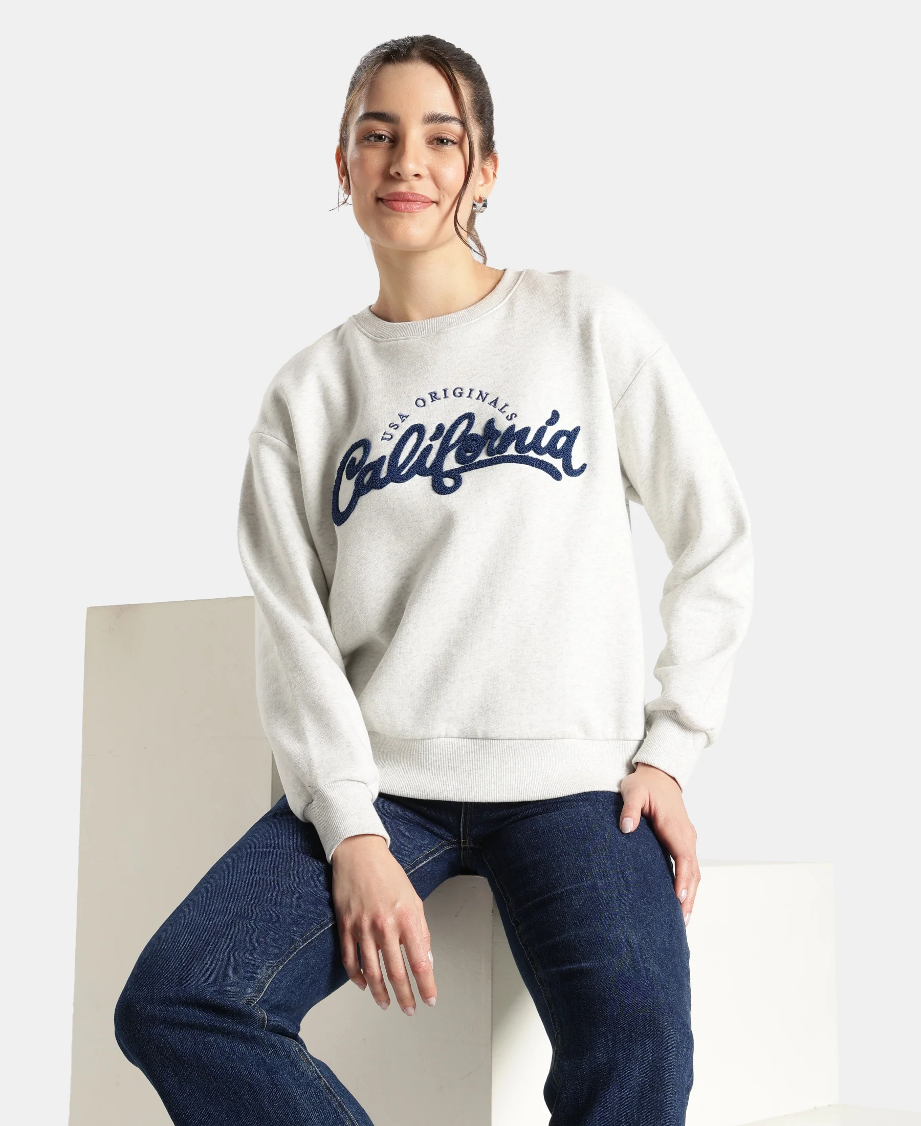 Super Combed Cotton Rich Fleece Fabric Oversized Printed Sweatshirt with StayWarm Tech - Off White Melange - Image 5