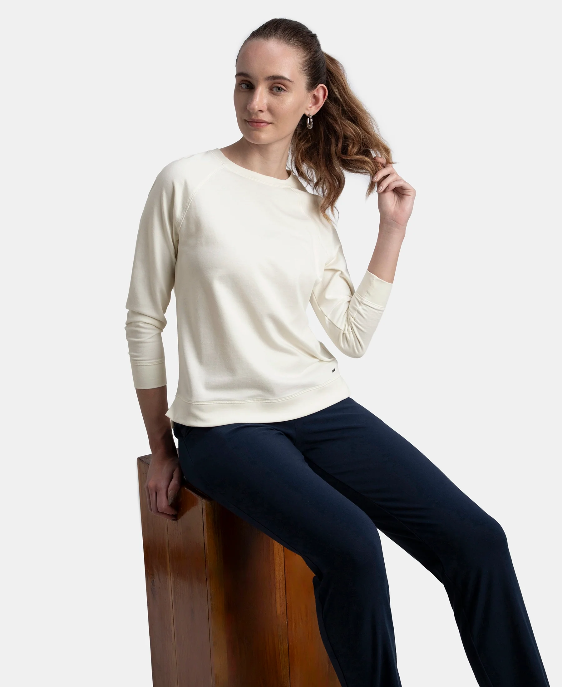 Super Combed Cotton Rich French Terry Fabric Solid Sweatshirt with Raglan Sleeve Styling - Cannoli Cream - Image 5