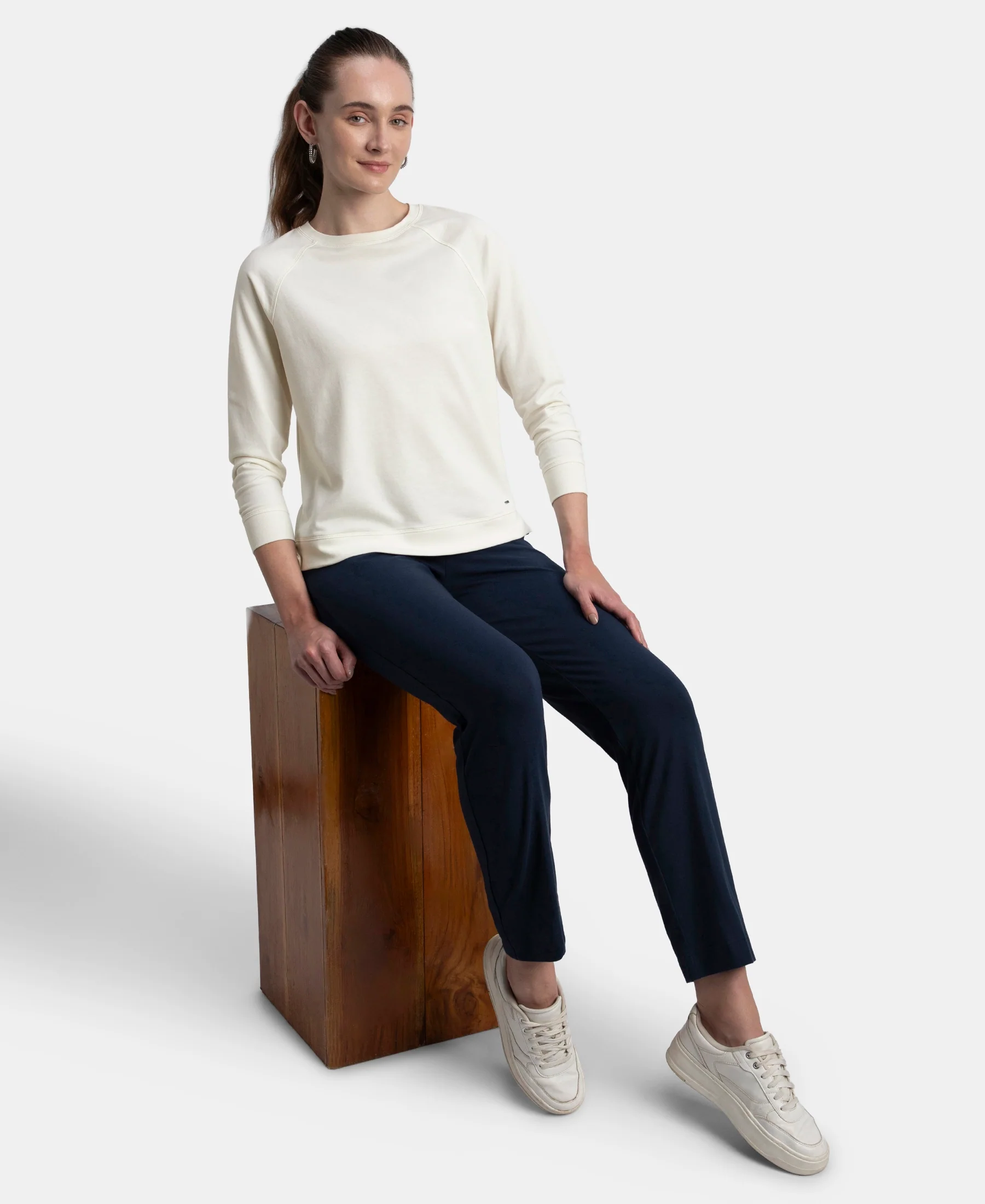 Super Combed Cotton Rich French Terry Fabric Solid Sweatshirt with Raglan Sleeve Styling - Cannoli Cream - Image 6