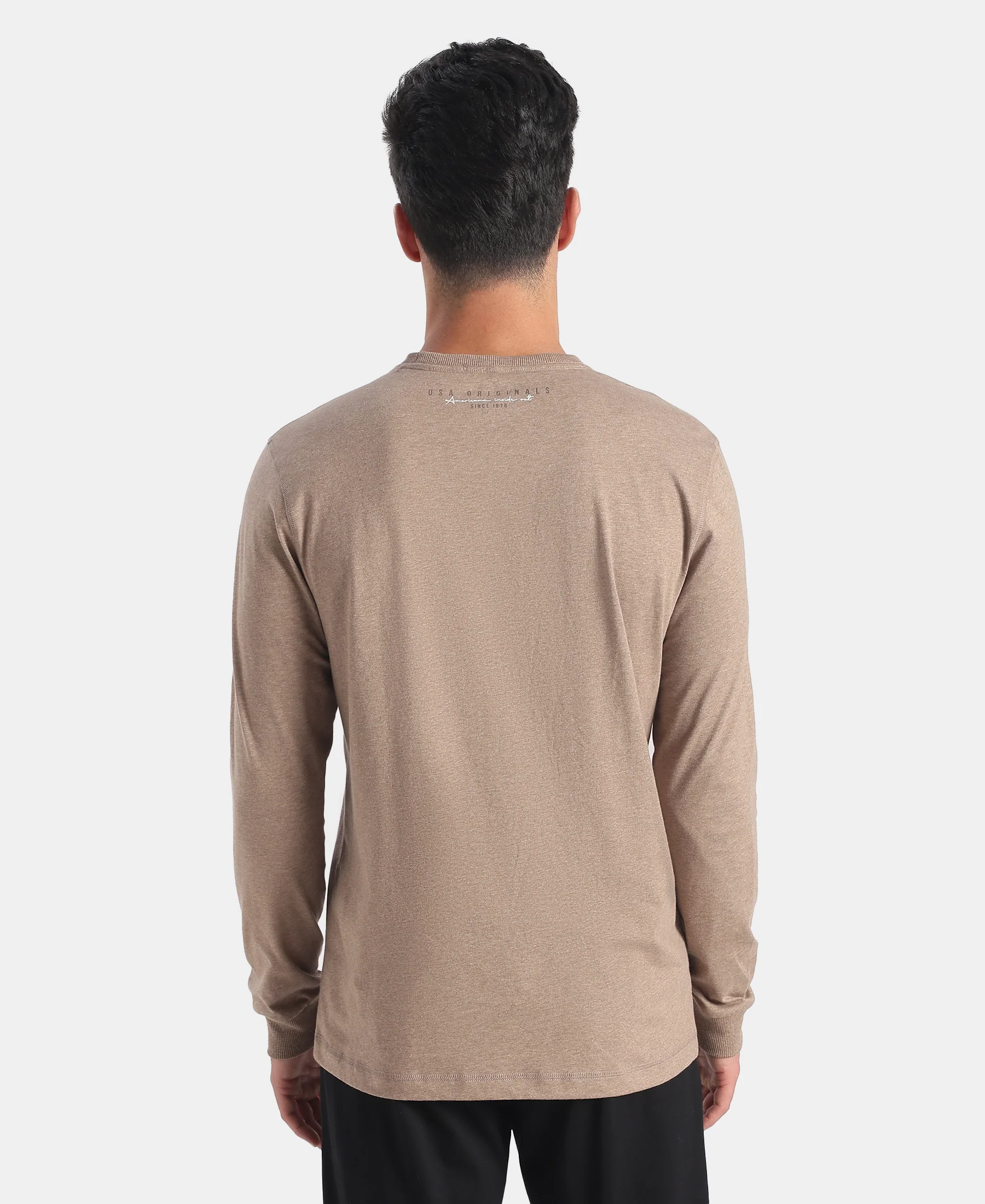 Super Combed Cotton Rich Graphic Printed Round Neck Full Sleeve T-Shirt - Brownie Melange - Image 3