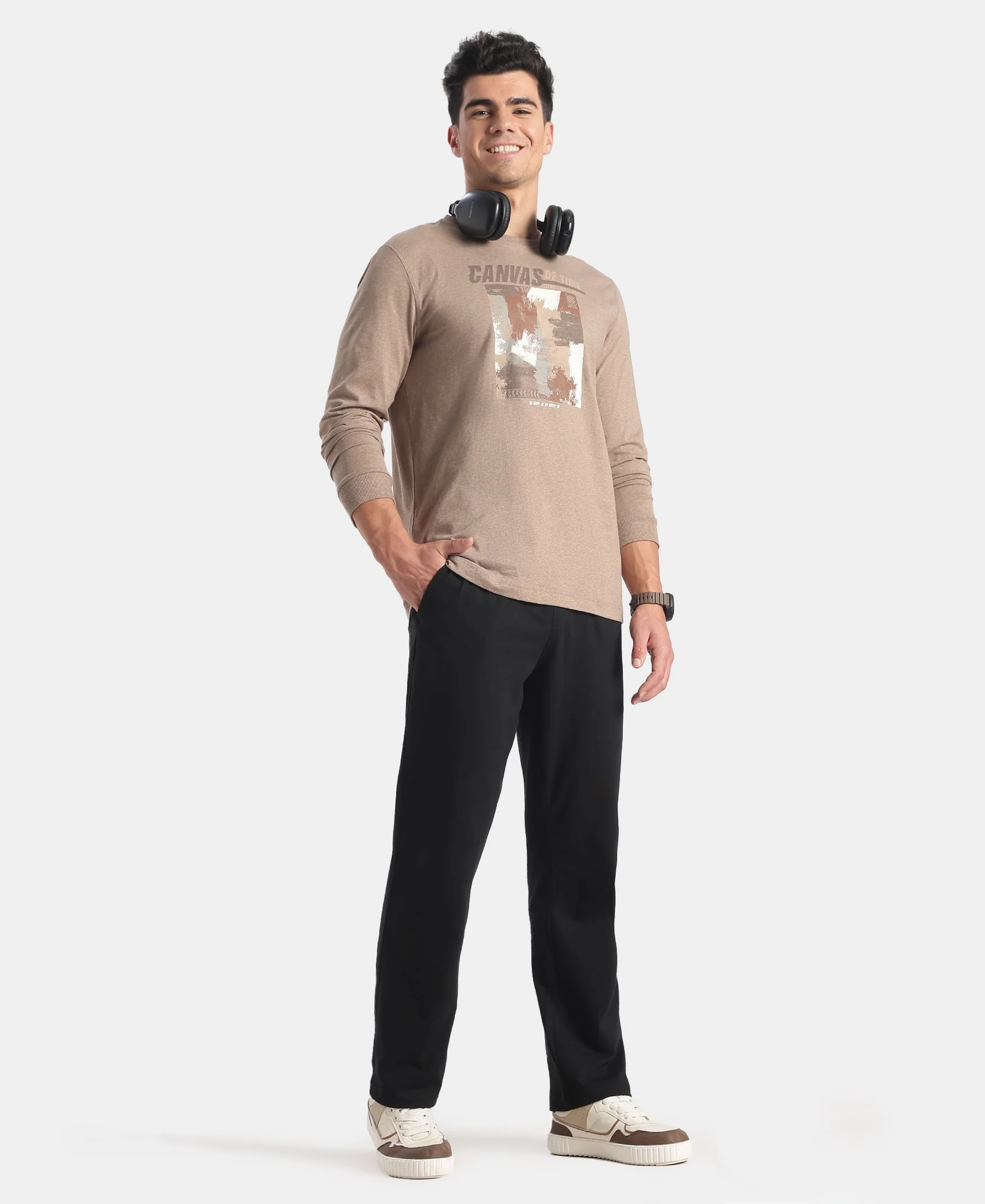 Super Combed Cotton Rich Graphic Printed Round Neck Full Sleeve T-Shirt - Brownie Melange - Image 4