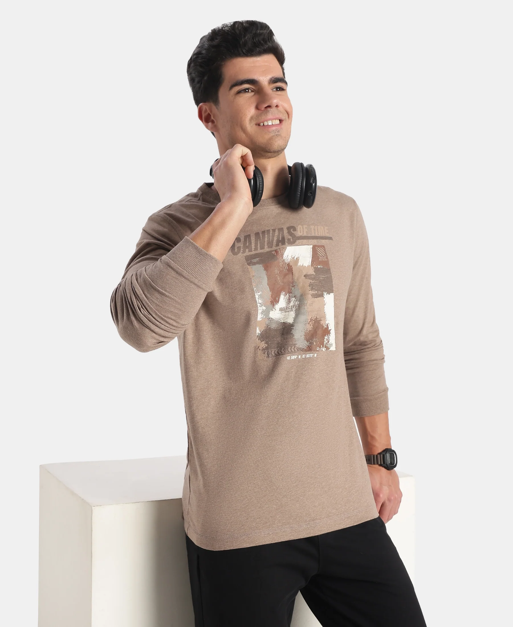 Super Combed Cotton Rich Graphic Printed Round Neck Full Sleeve T-Shirt - Brownie Melange - Image 5