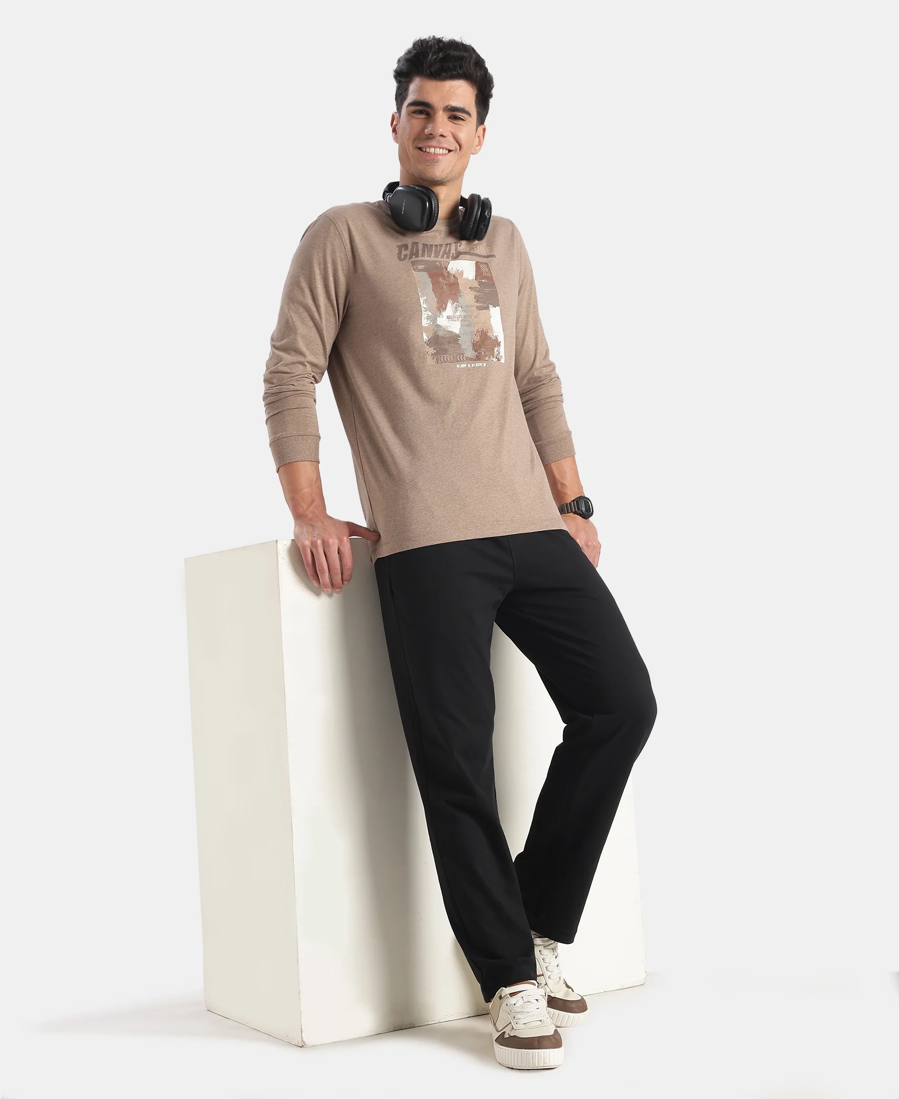 Super Combed Cotton Rich Graphic Printed Round Neck Full Sleeve T-Shirt - Brownie Melange - Image 6