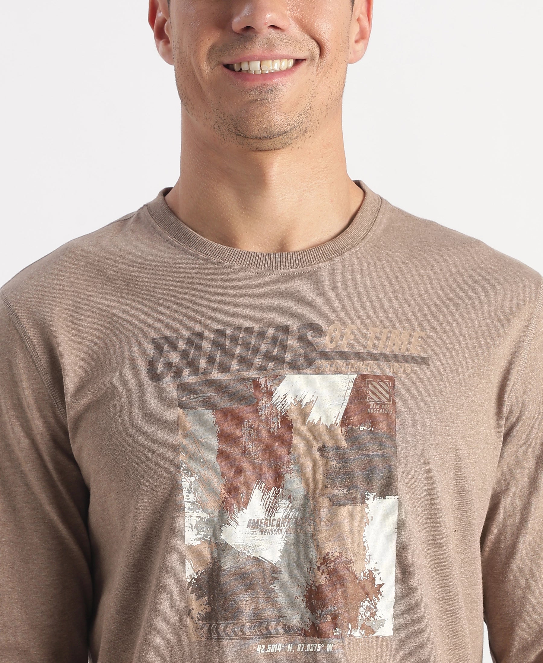 Super Combed Cotton Rich Graphic Printed Round Neck Full Sleeve T-Shirt - Brownie Melange - Image 7