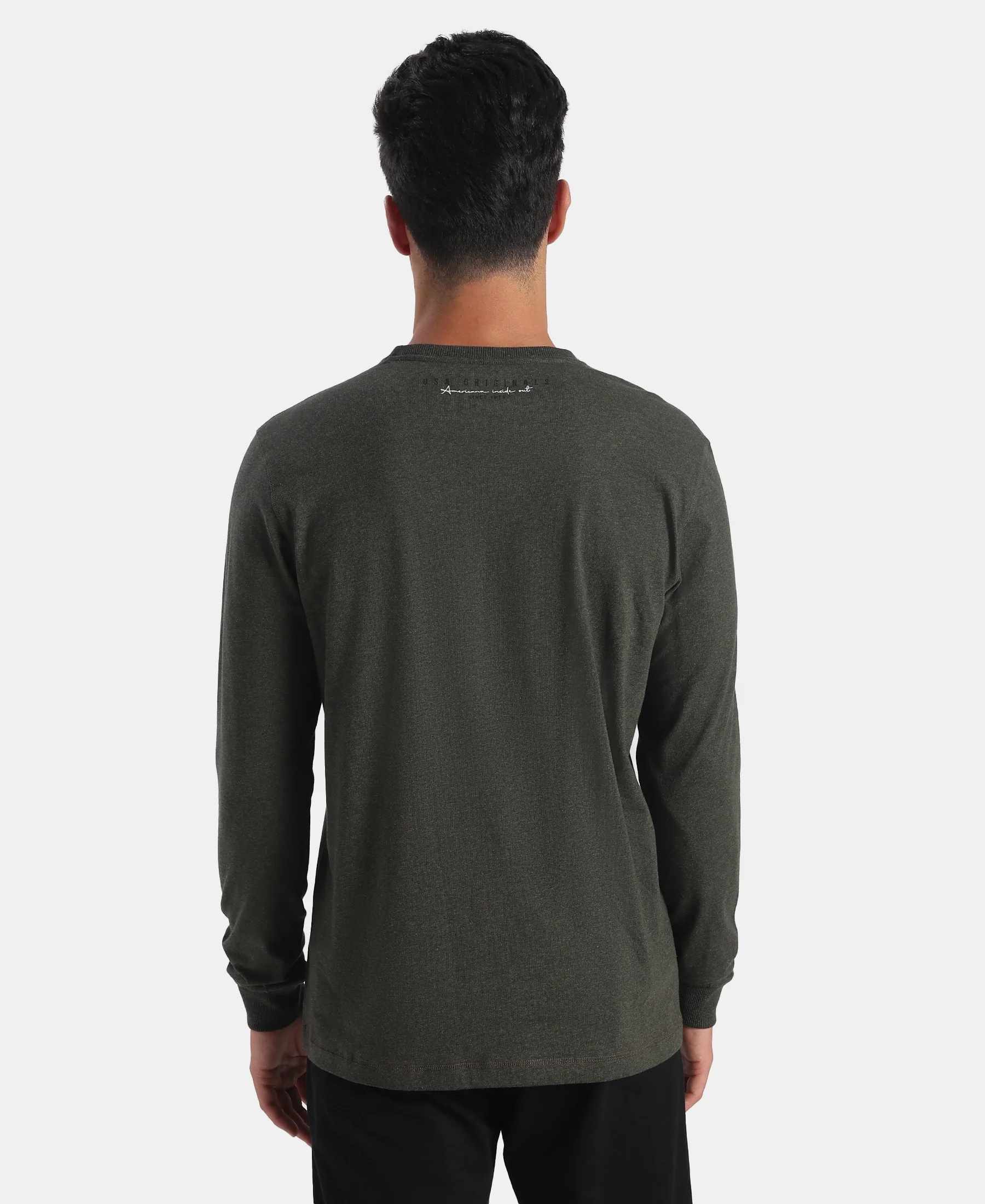 Super Combed Cotton Rich Graphic Printed Round Neck Full Sleeve T-Shirt - Olive Melange - Image 3
