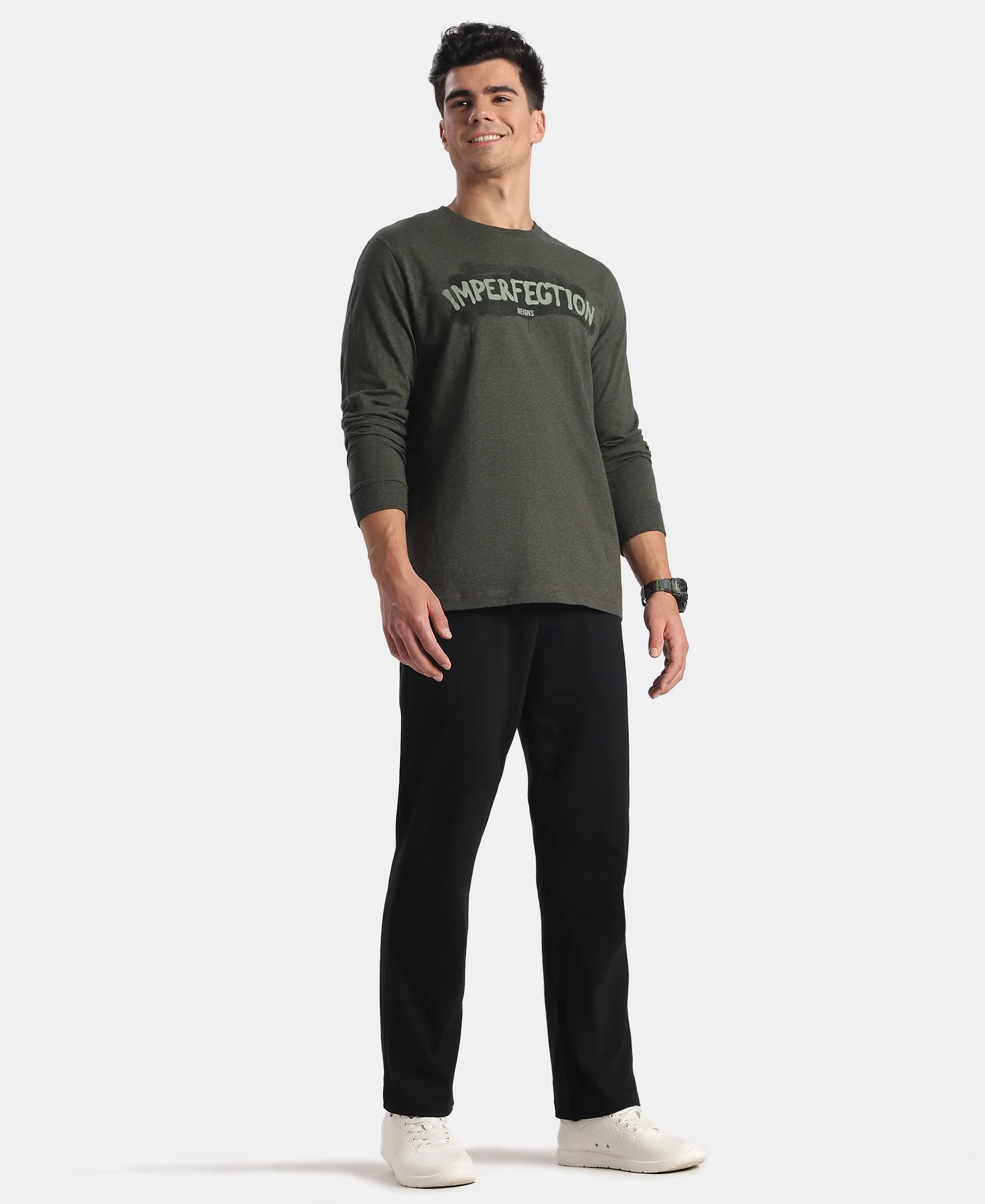 Super Combed Cotton Rich Graphic Printed Round Neck Full Sleeve T-Shirt - Olive Melange - Image 4