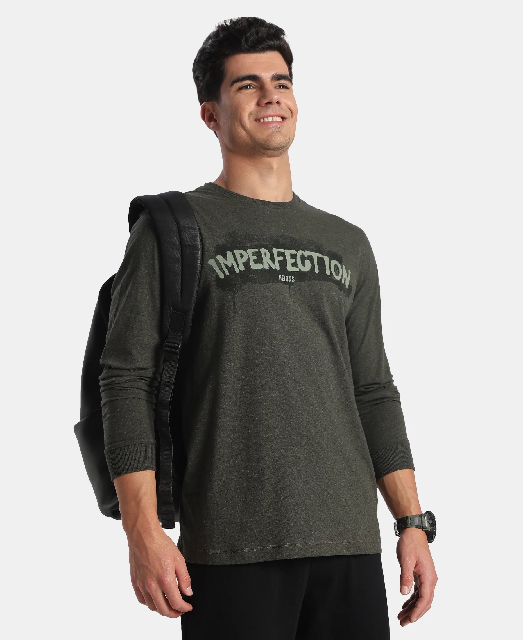 Super Combed Cotton Rich Graphic Printed Round Neck Full Sleeve T-Shirt - Olive Melange - Image 5