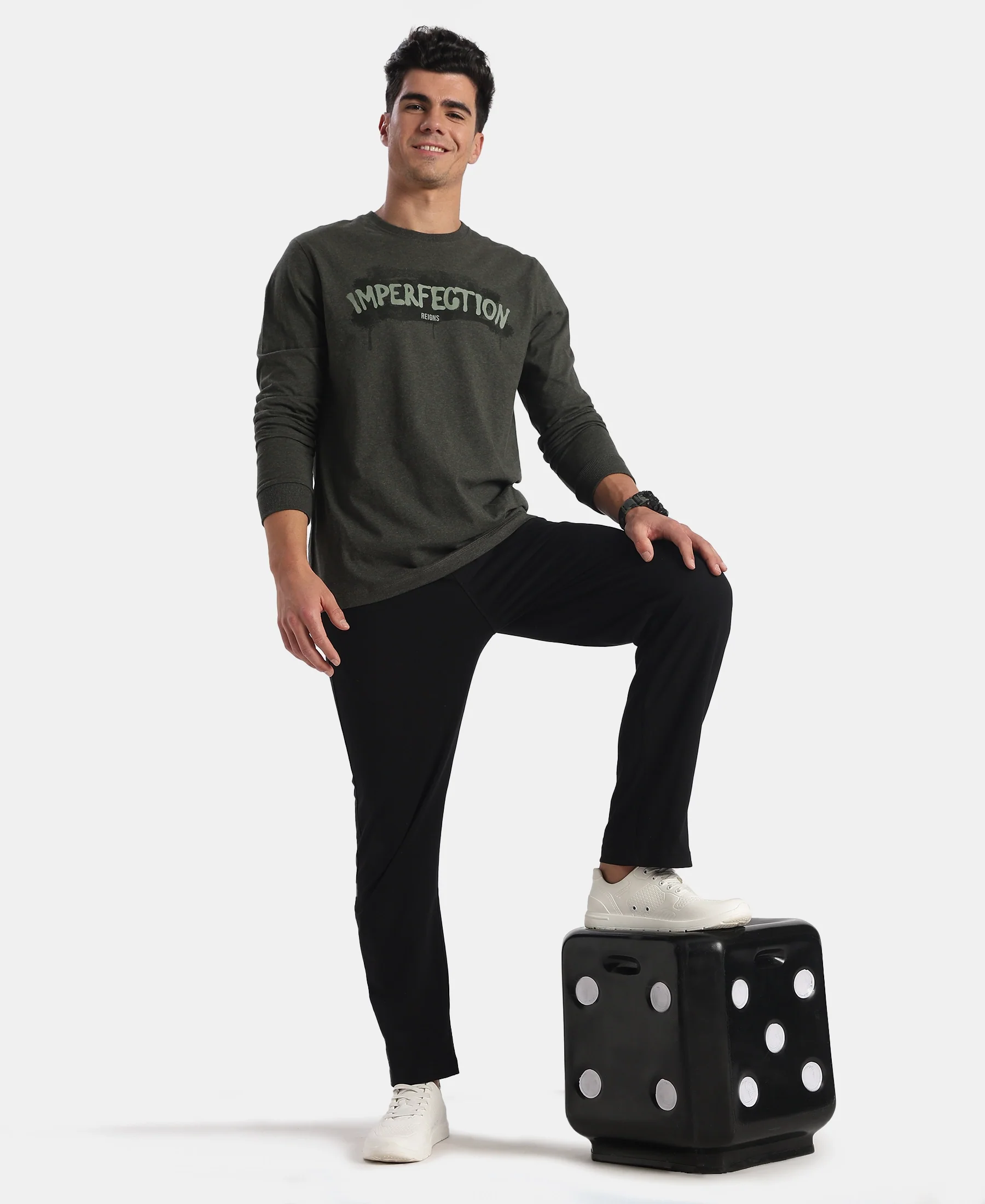 Super Combed Cotton Rich Graphic Printed Round Neck Full Sleeve T-Shirt - Olive Melange - Image 6