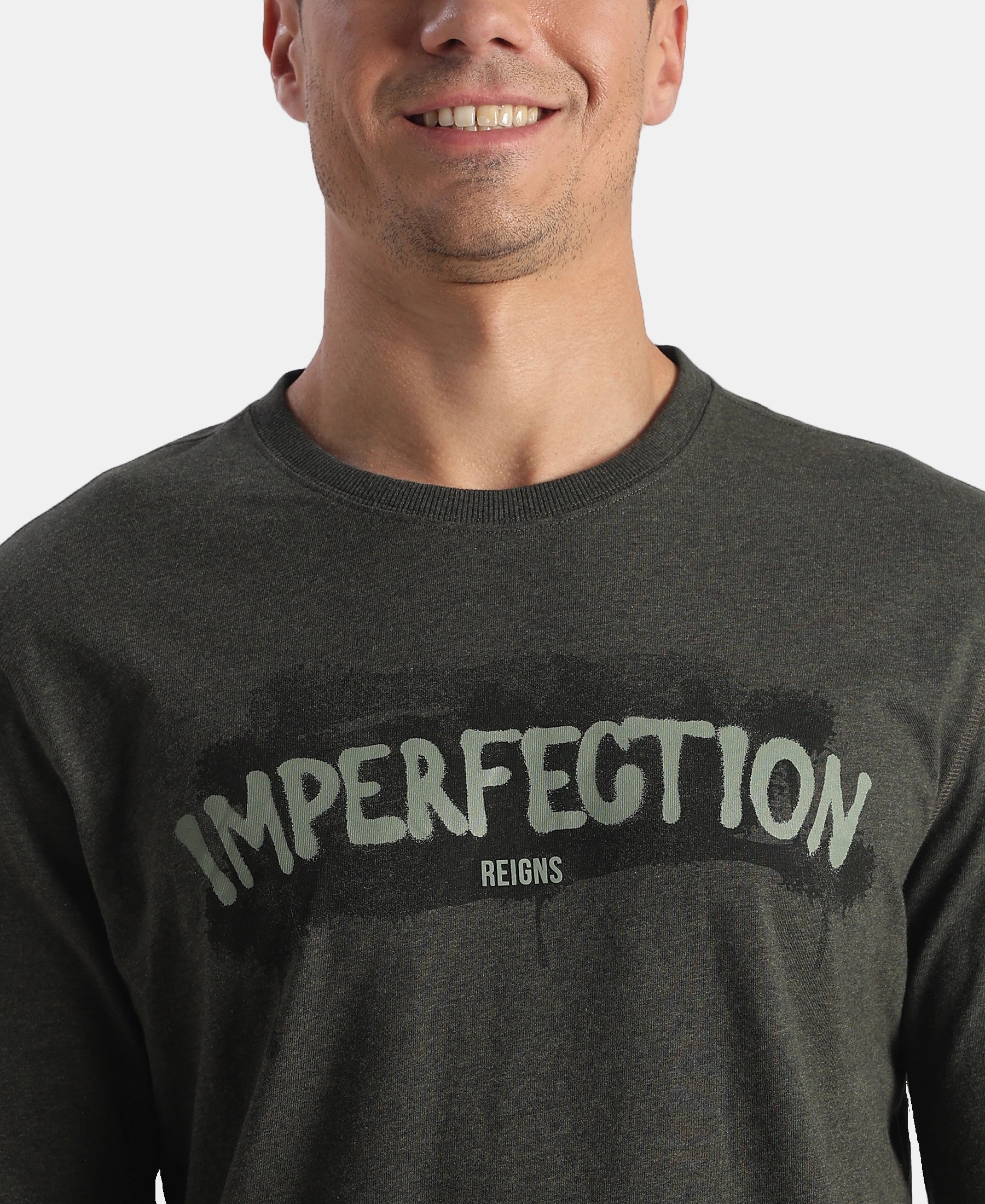 Super Combed Cotton Rich Graphic Printed Round Neck Full Sleeve T-Shirt - Olive Melange - Image 7