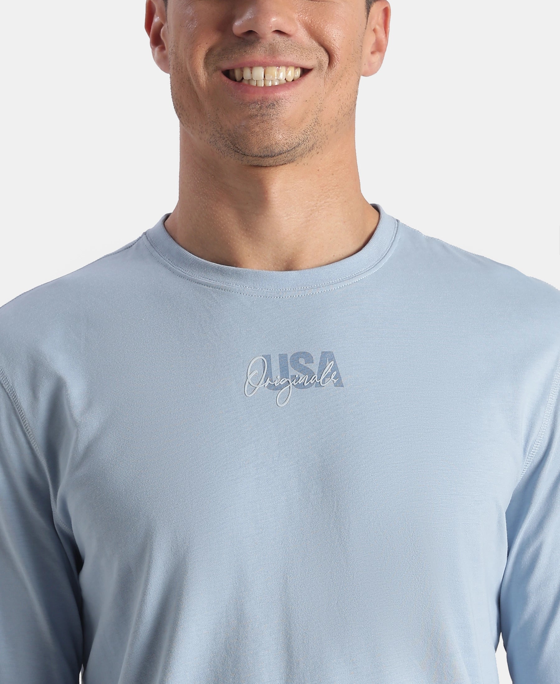 Super Combed Cotton Rich Graphic Printed Round Neck Full Sleeve T-Shirt - Soft Chambray - Image 7