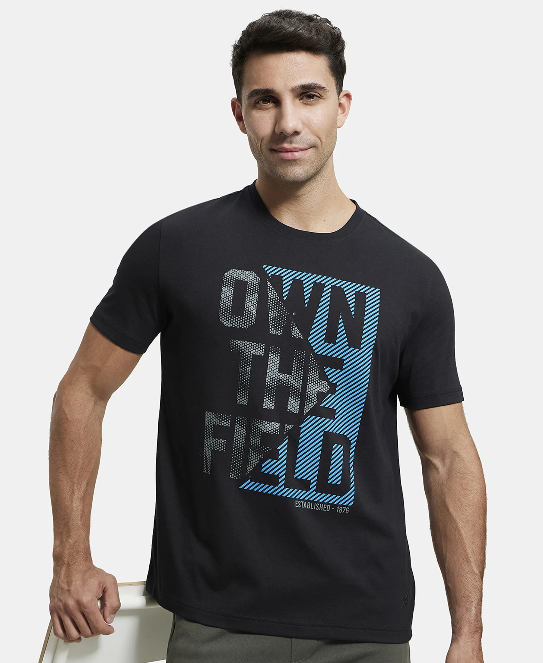 Super Combed Cotton Rich Graphic Printed Round Neck Half Sleeve T-Shirt - Black - Image 5